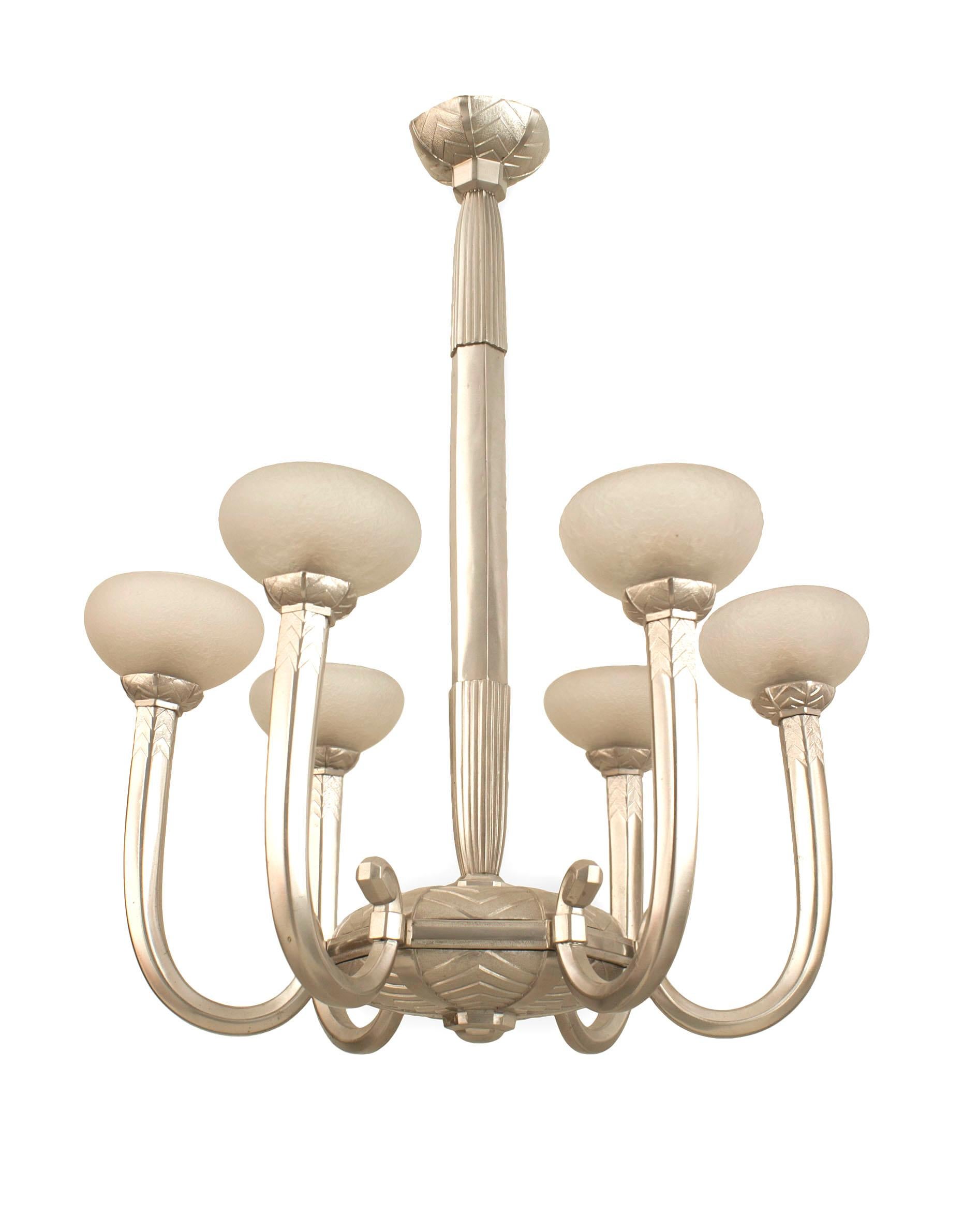 20th Century French Art Deco Bronze and Etched Glass Chandelier For Sale