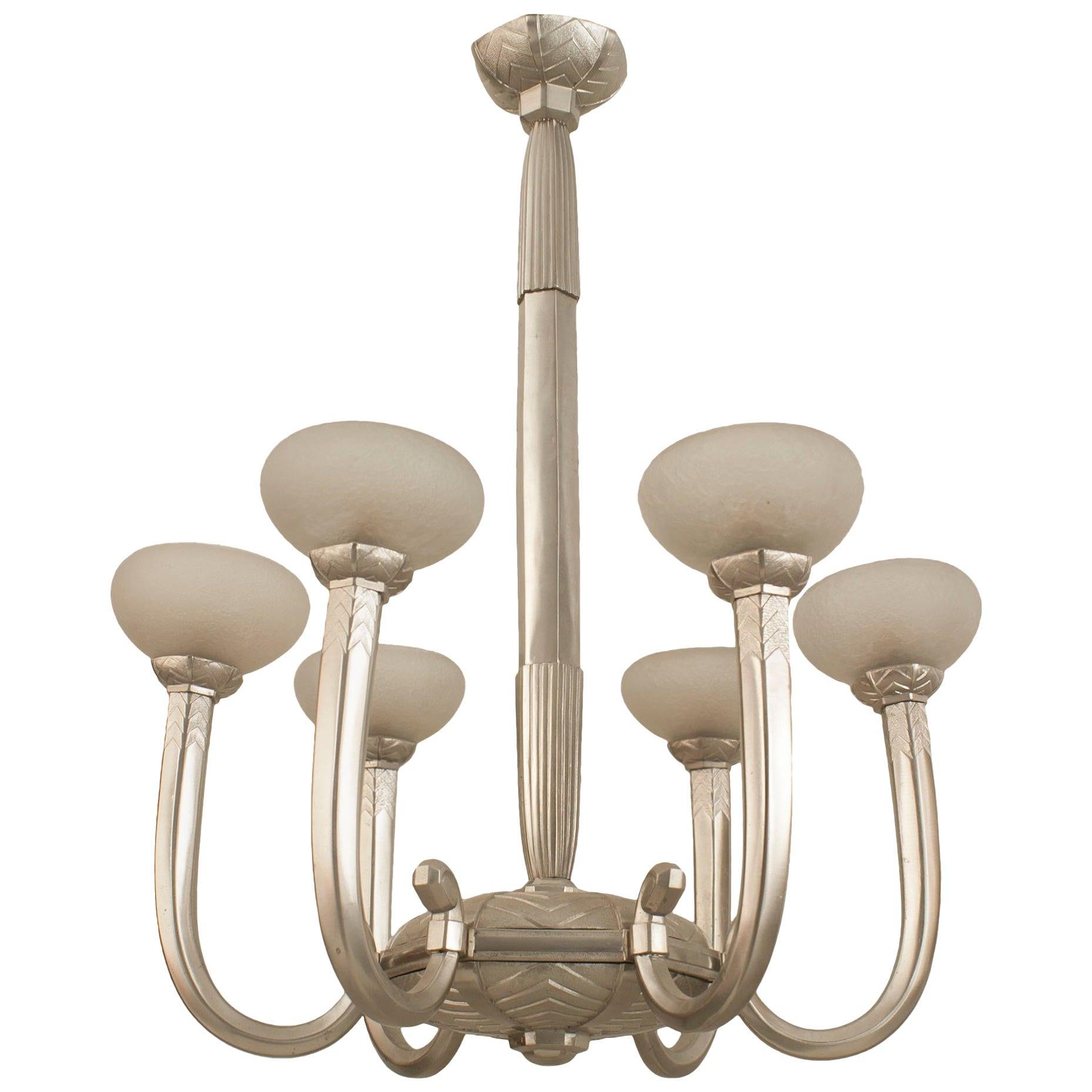 French Art Deco Bronze and Etched Glass Chandelier