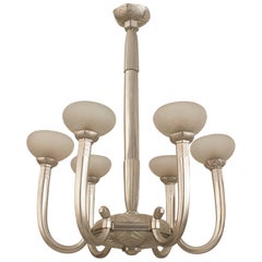 French Art Deco Bronze and Etched Glass Chandelier