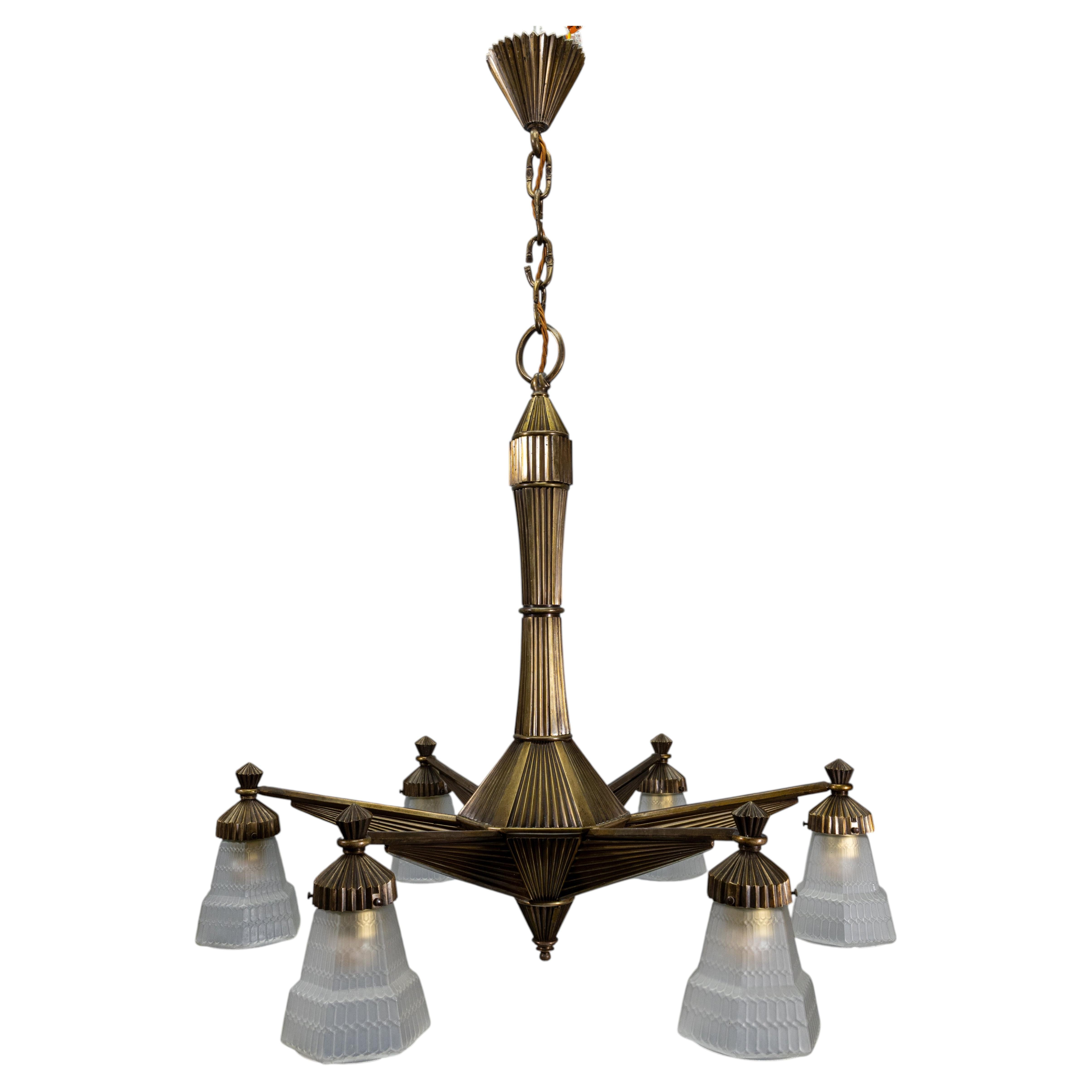 French Art Deco Bronze and Frosted White Glass Six-Light Chandelier, 1920