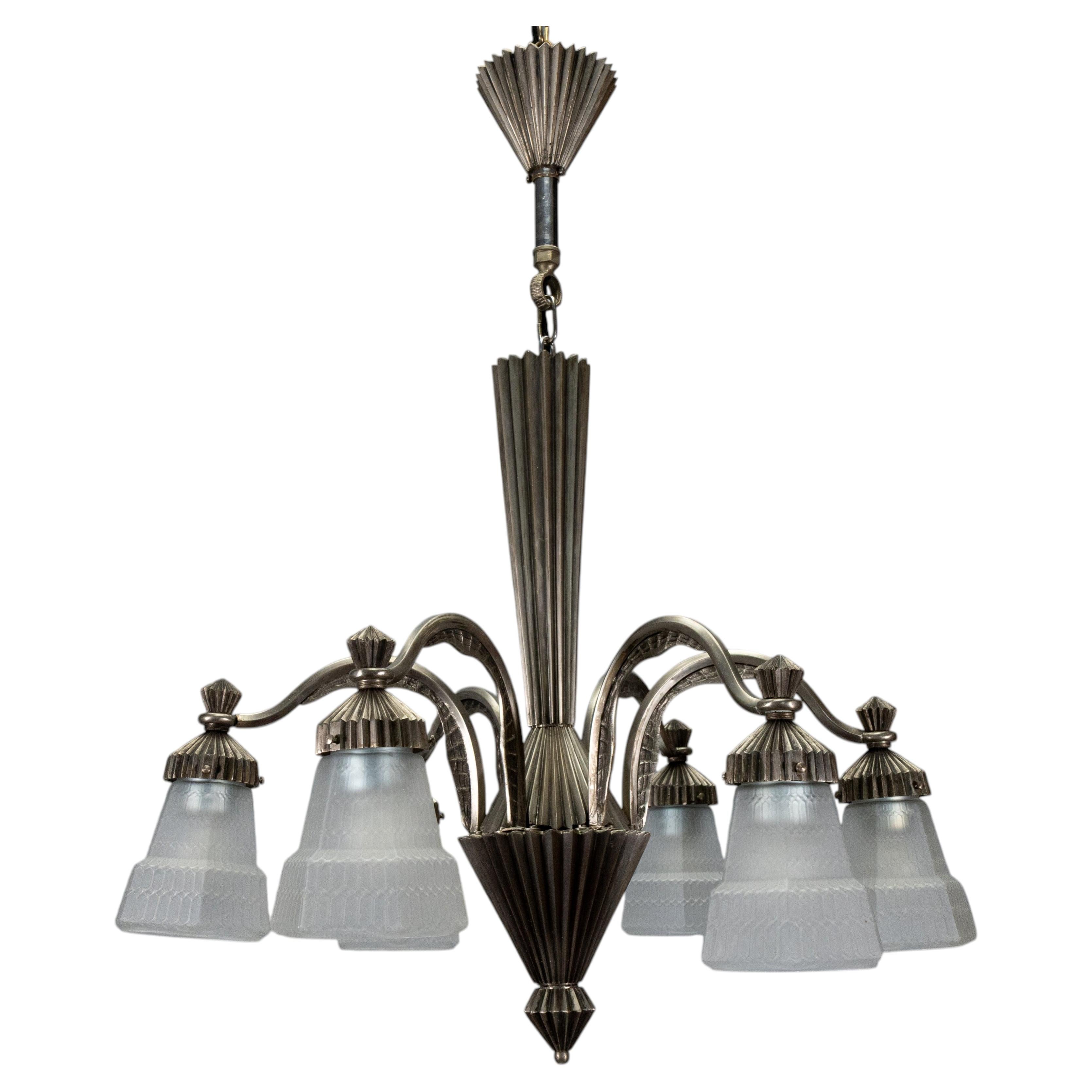 French Art Deco Bronze and Frosted White Glass Six-Light Chandelier, ca. 1930