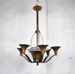 French Art Deco Bronze and Glass, 6-Light Chandelier, circa 1930