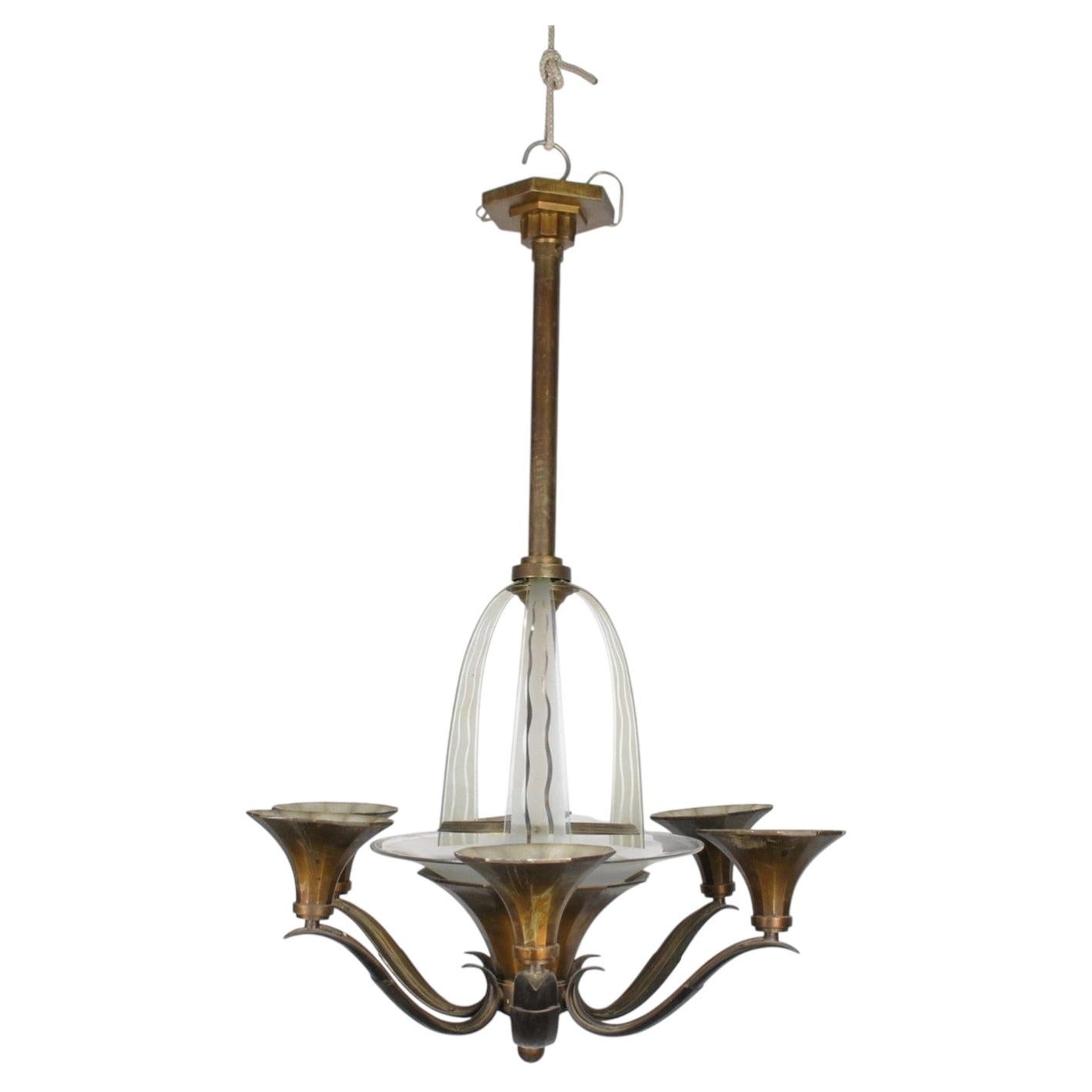 Lampadario Art Déco francese in bronzo e vetro, a 6 luci, CIRCA 1930