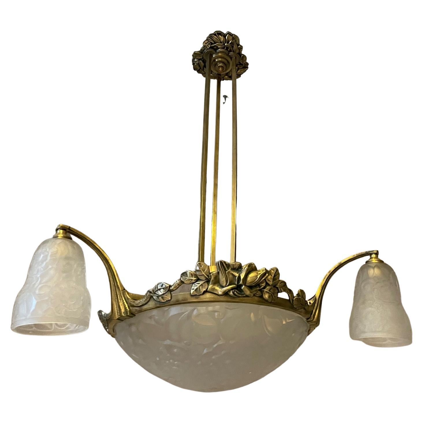 French 1930's Art Deco Chandelier Nickel and Glass at 1stDibs art