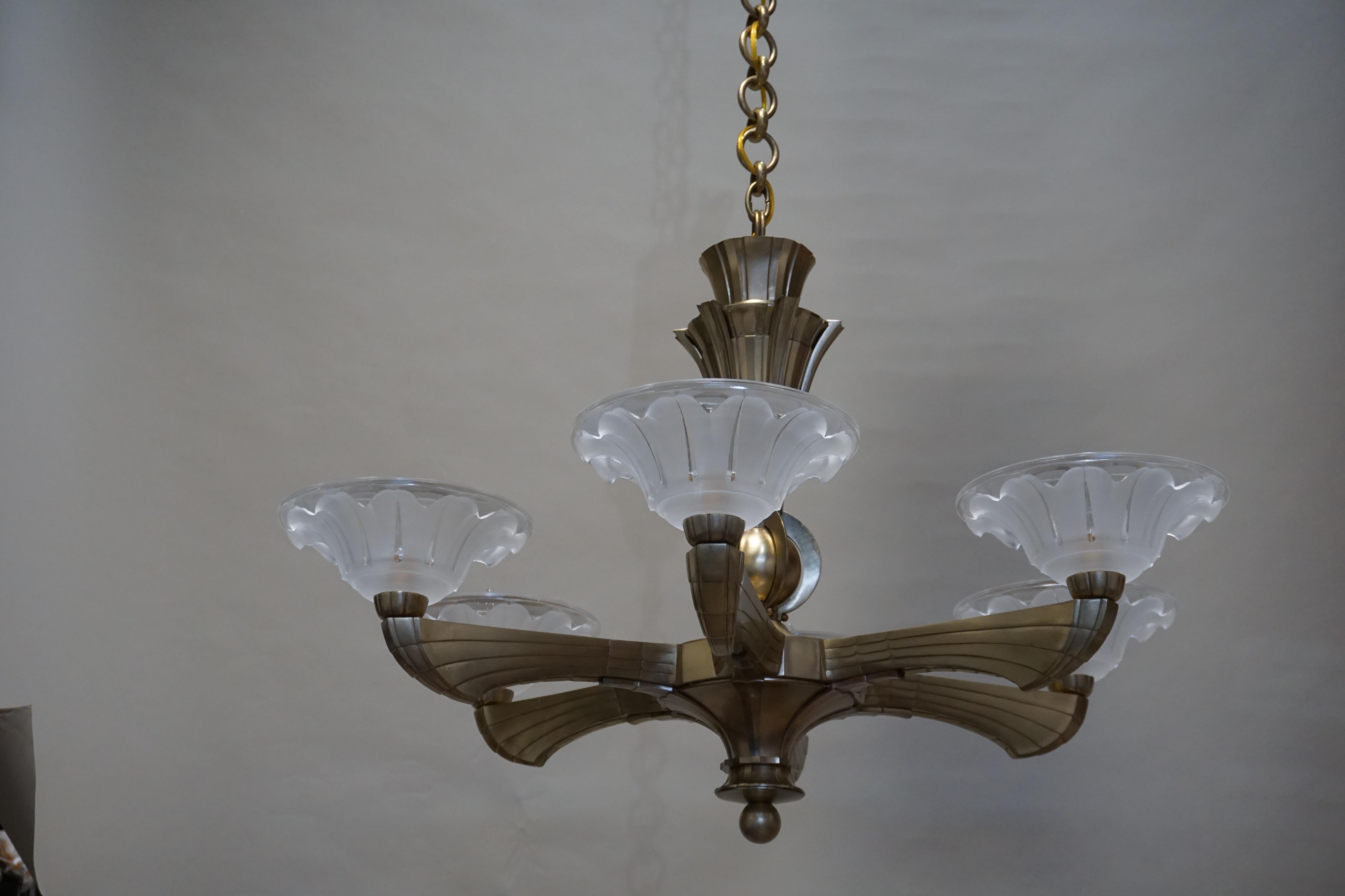 French Art Deco Bronze and Glass Chandeloer In Good Condition In Fairfax, VA
