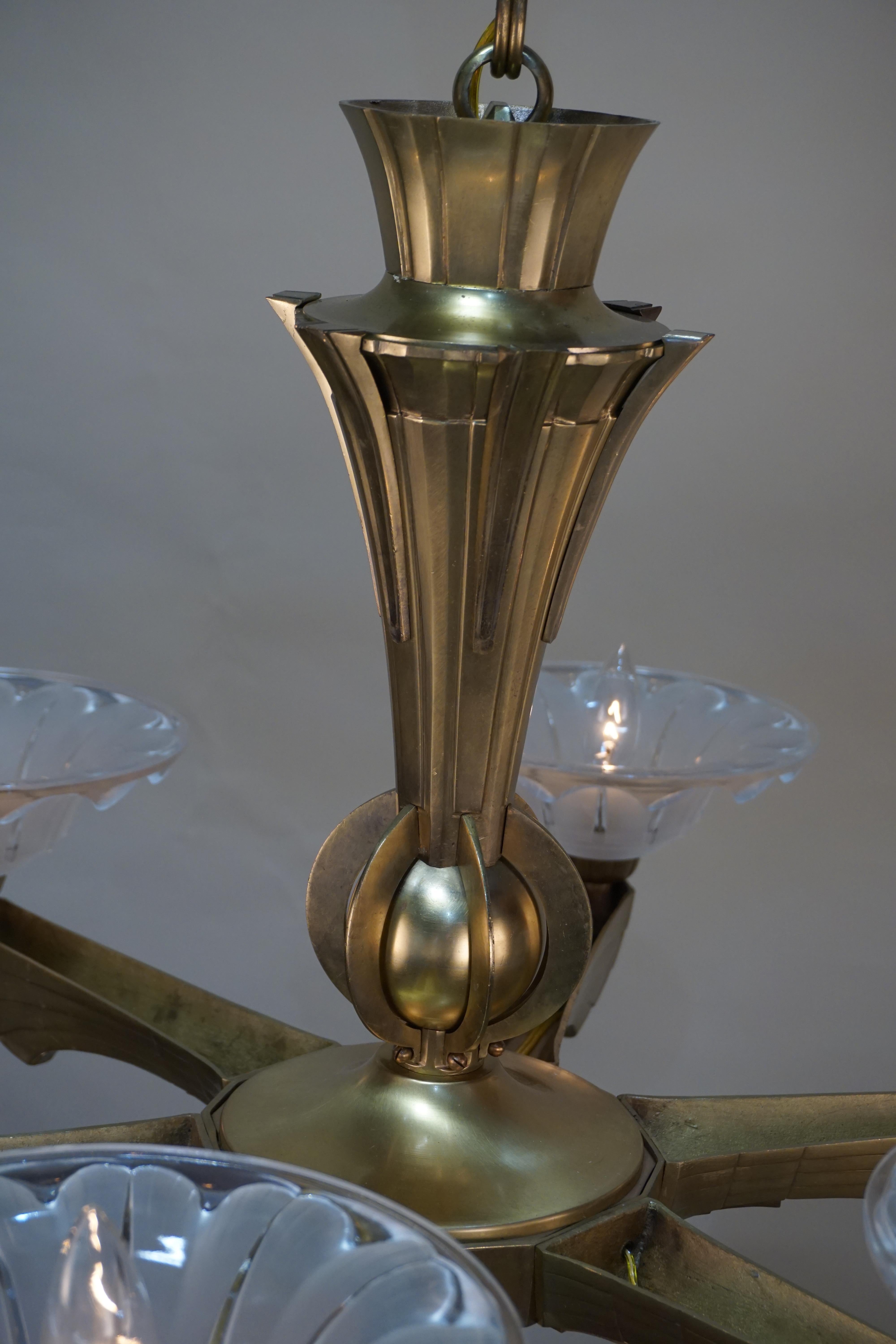 French Art Deco Bronze and Glass Chandeloer 5