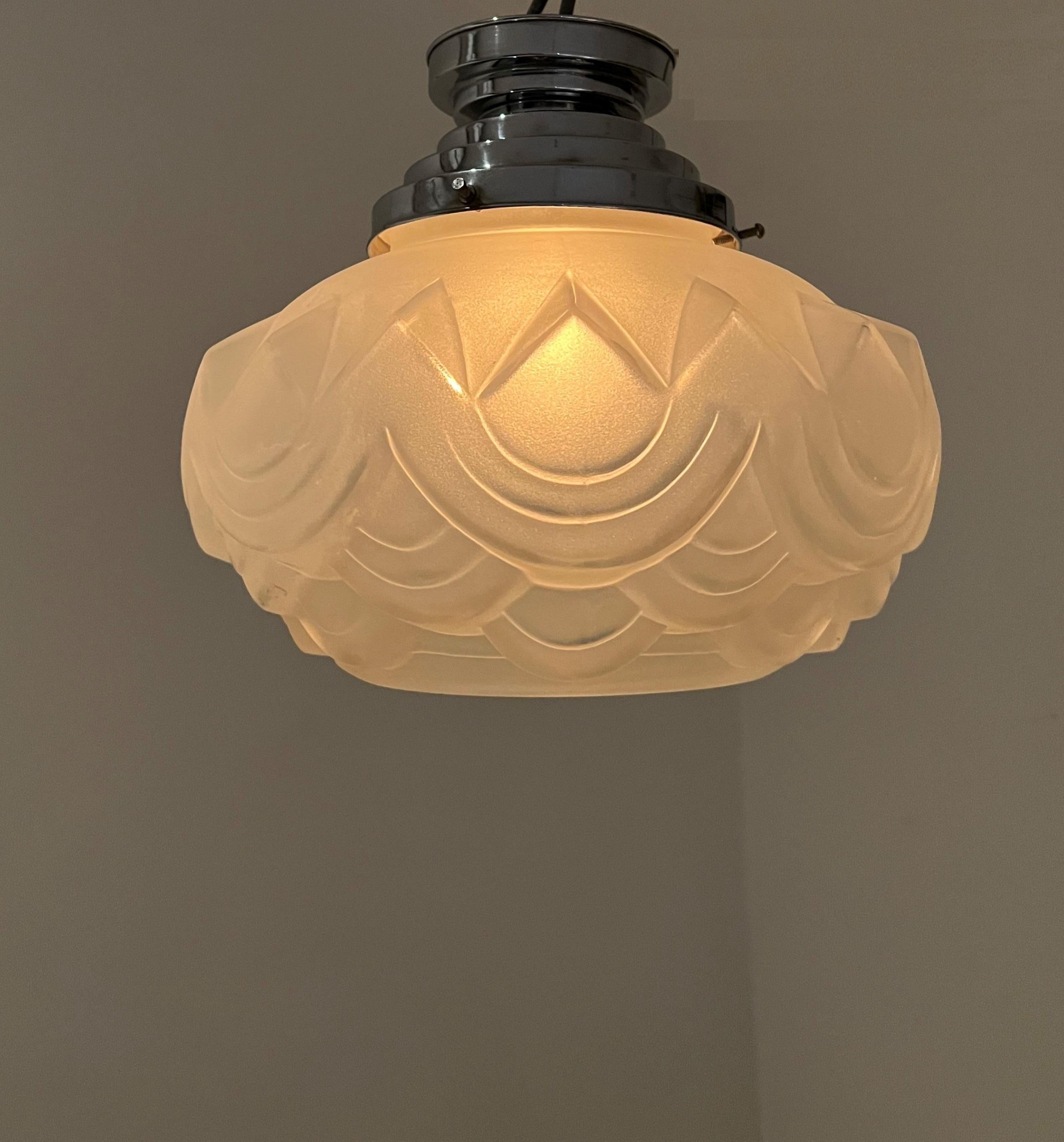 French Art Deco nickeled brass and Glass Flush Mount / Pendant Light, circa 1920 For Sale 6