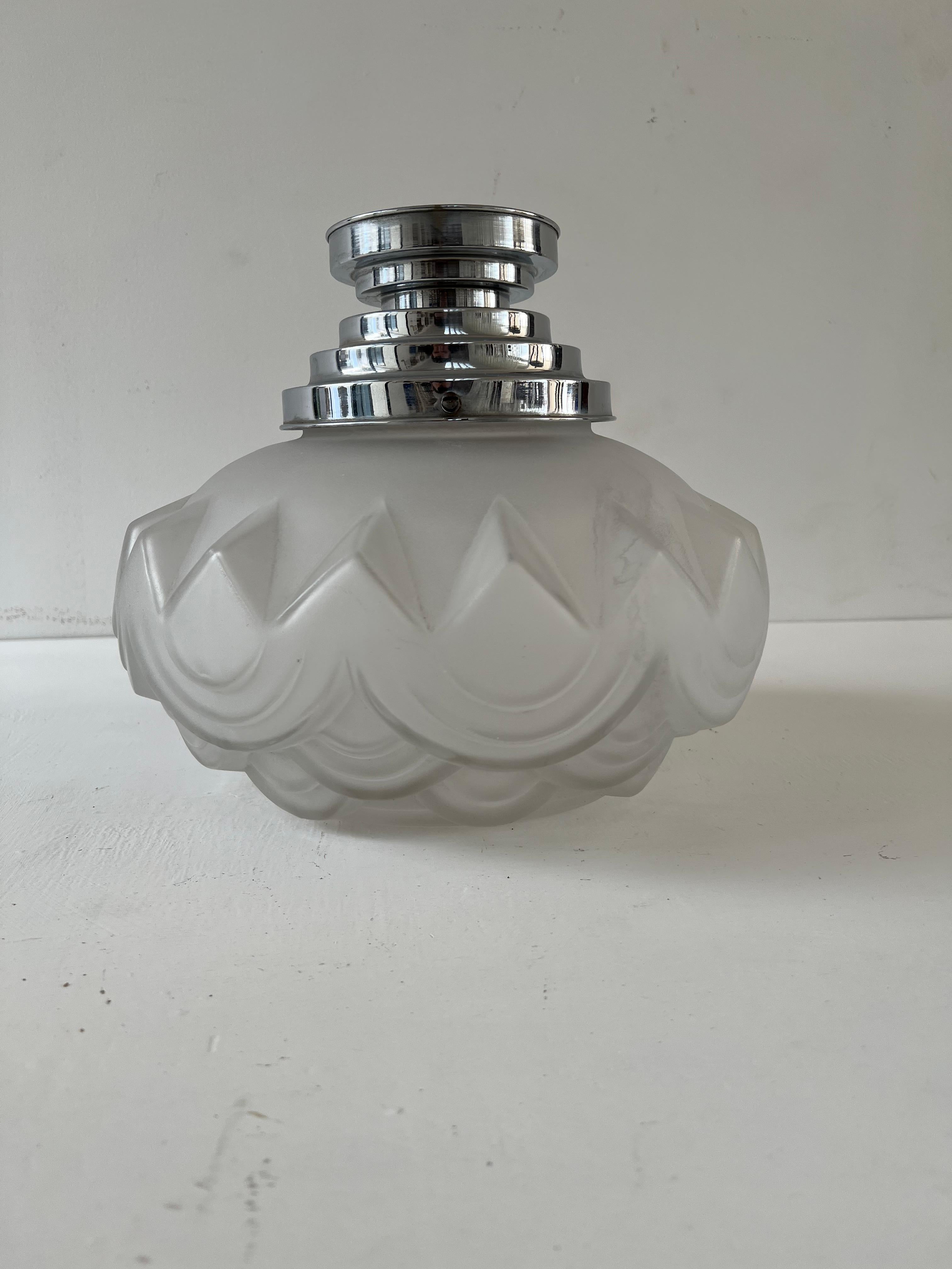 French Art Deco nickeled brass and Glass Flush Mount / Pendant Light, circa 1920 For Sale 3