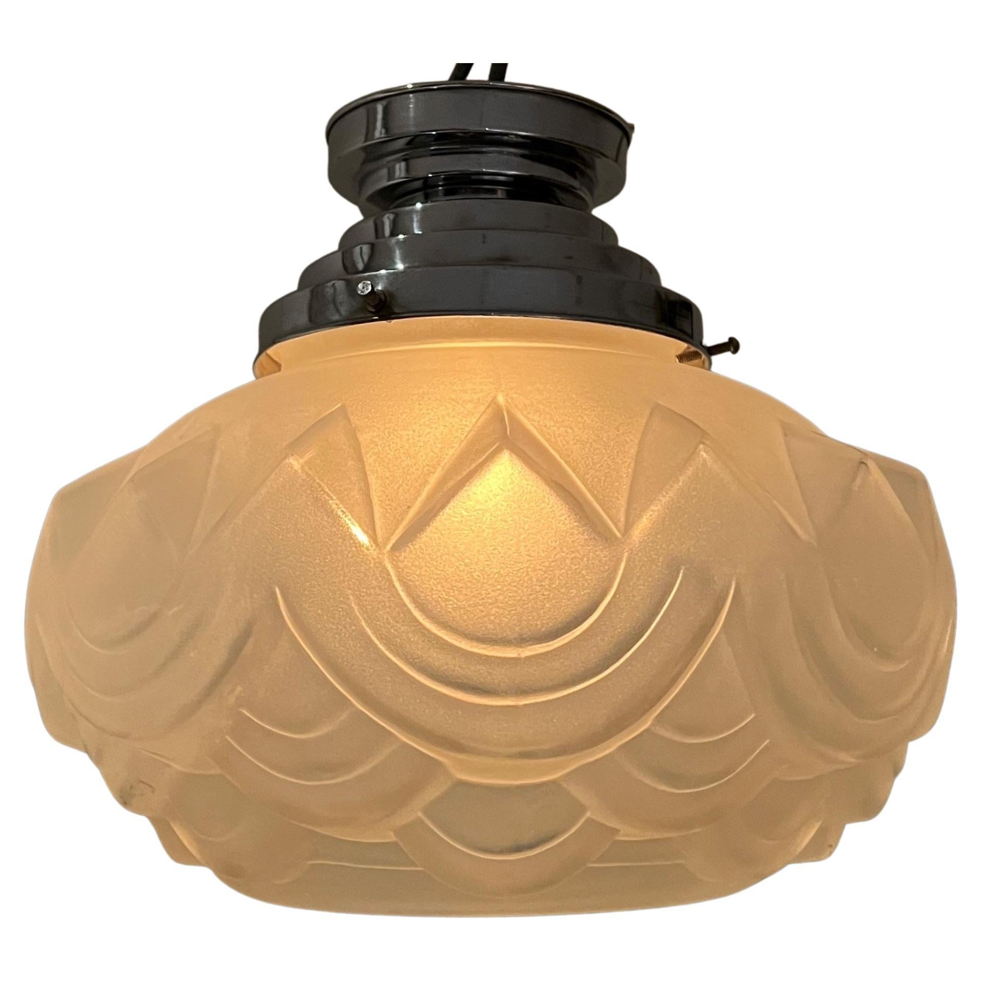 French Art Deco nickeled brass and Glass Flush Mount / Pendant Light, circa 1920