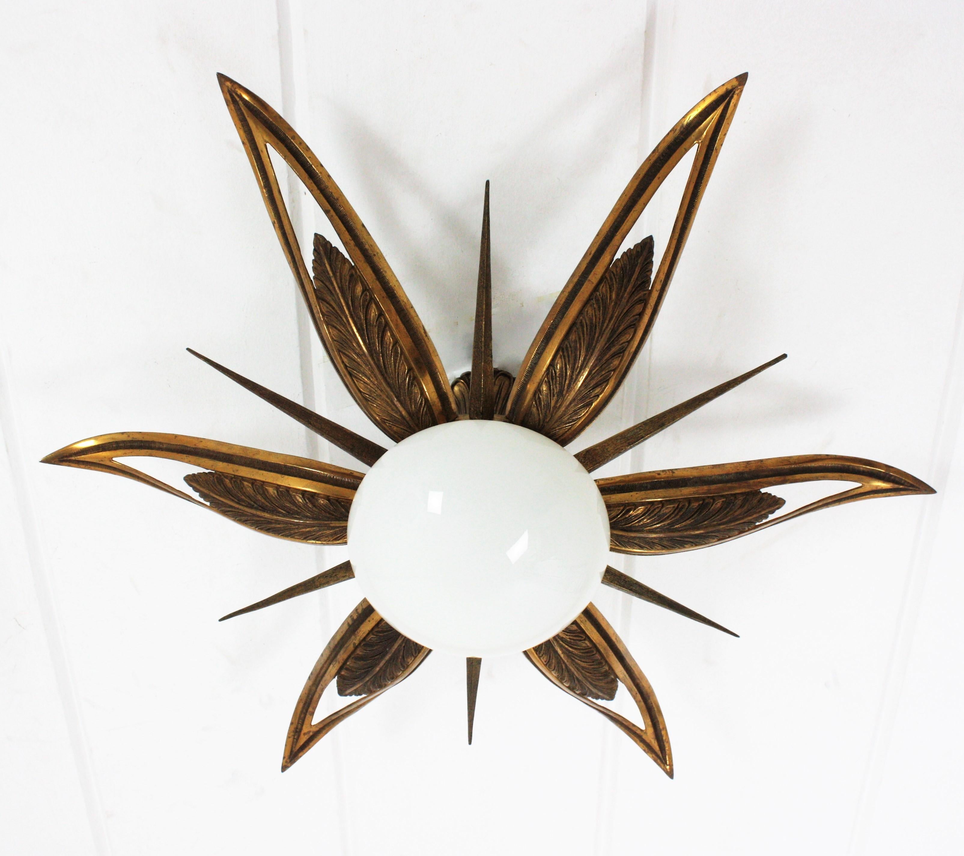 French Art Deco Bronze and Milk Glass Starburst Sunburst Flush Mount For Sale 8