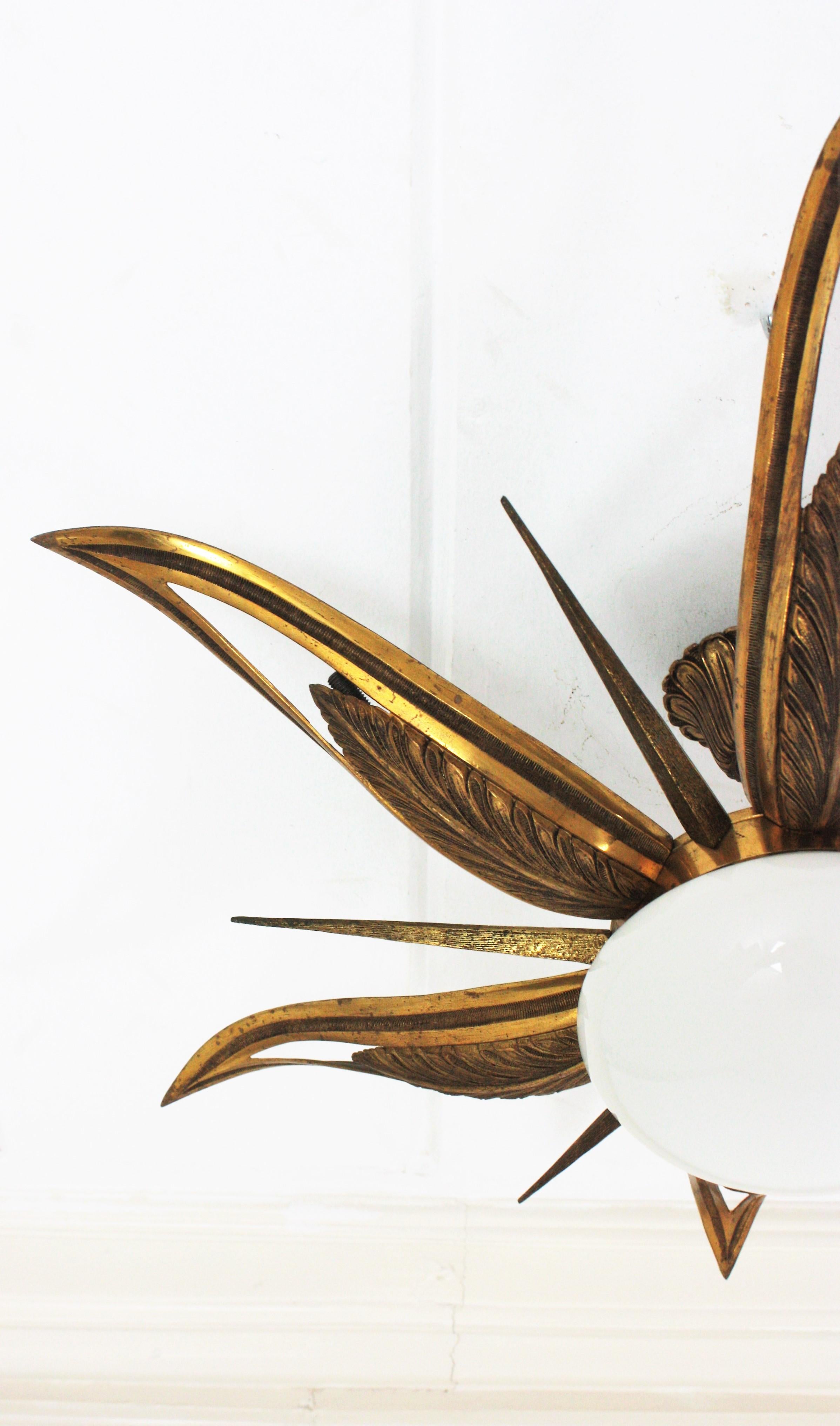 French Art Deco Bronze and Milk Glass Starburst Sunburst Flush Mount For Sale 10