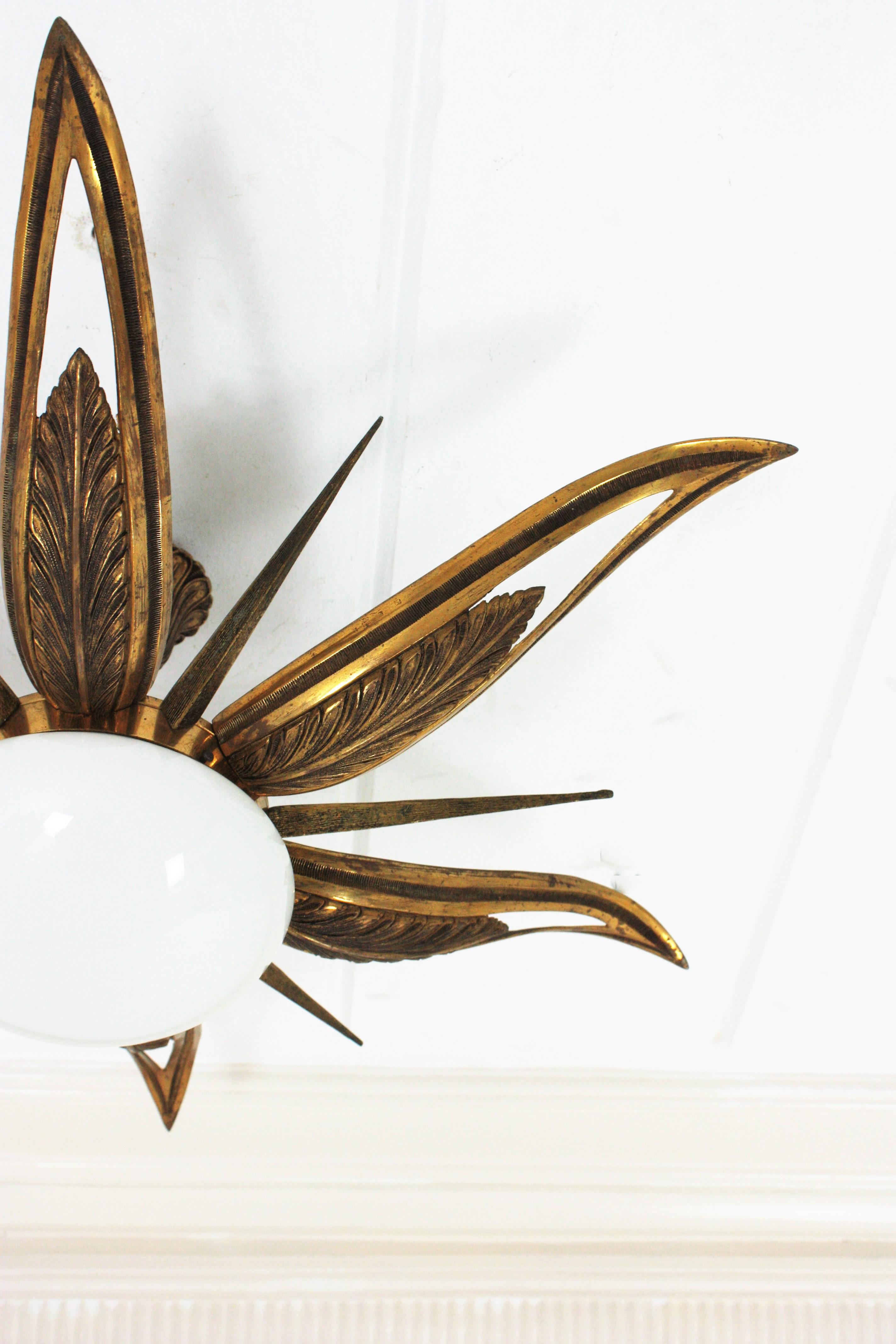 French Art Deco Bronze and Milk Glass Starburst Sunburst Flush Mount For Sale 11