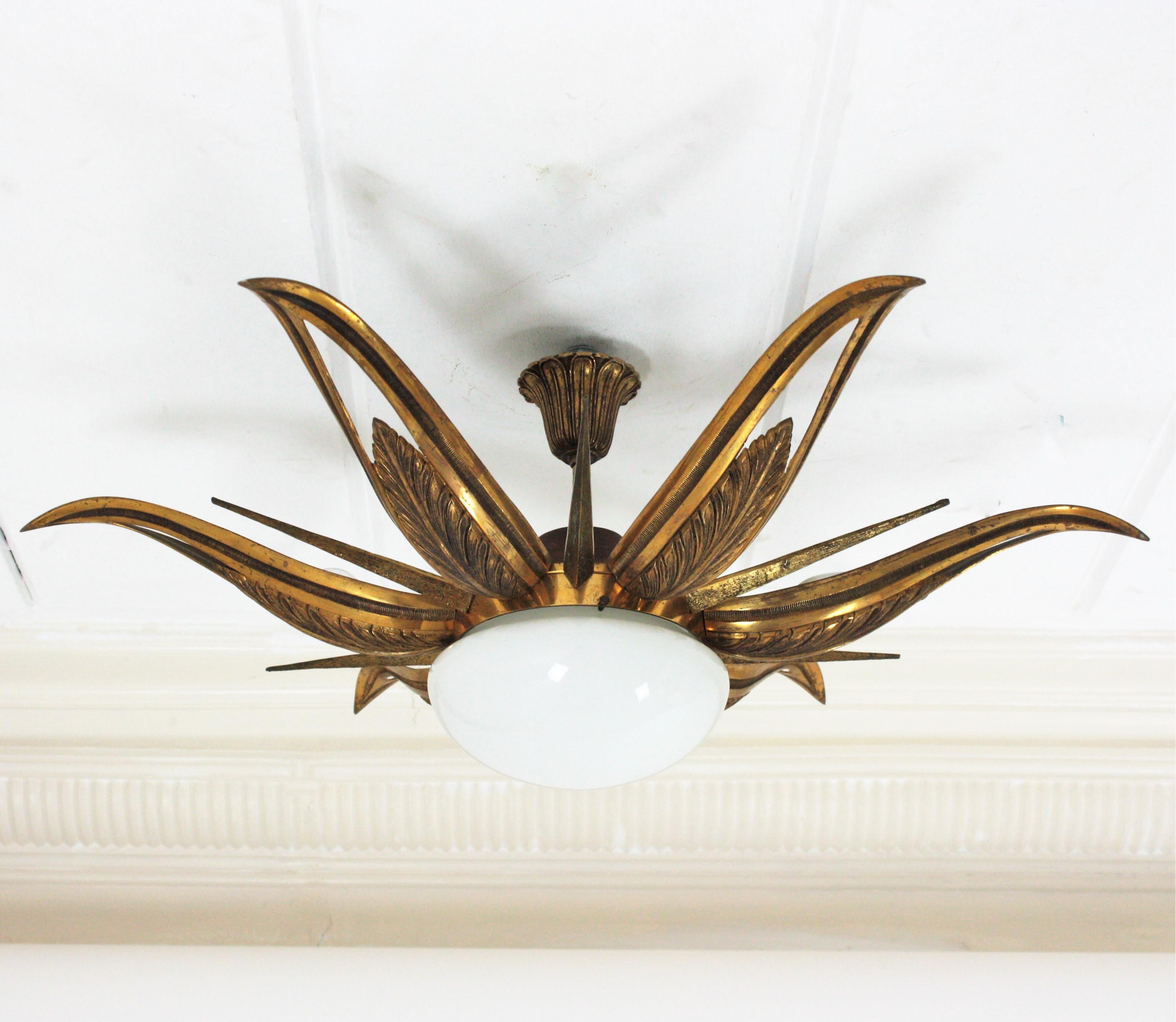 French Art Deco Bronze and Milk Glass Starburst Sunburst Flush Mount For Sale 12