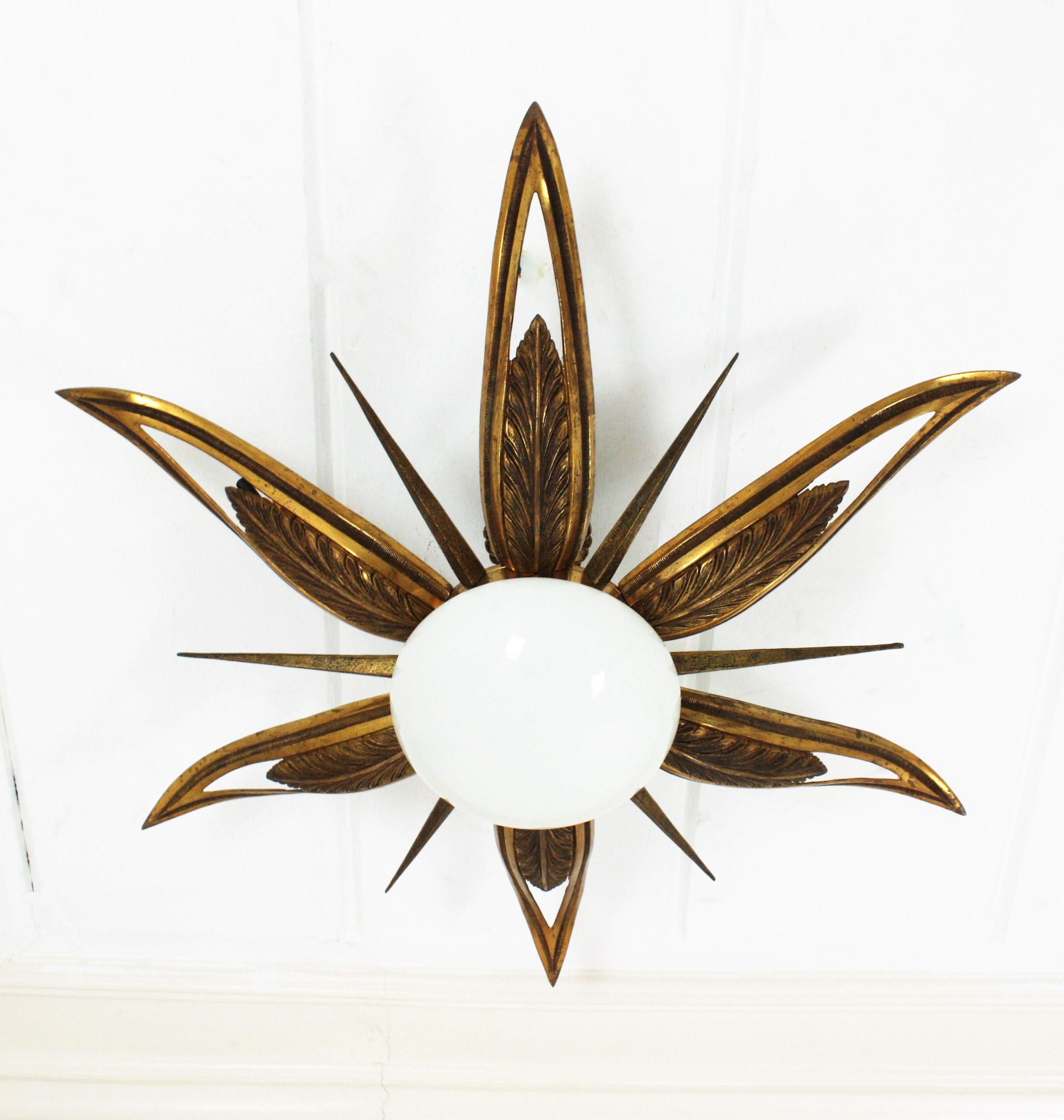 French Art Deco Bronze and Milk Glass Starburst Sunburst Flush Mount For Sale 1