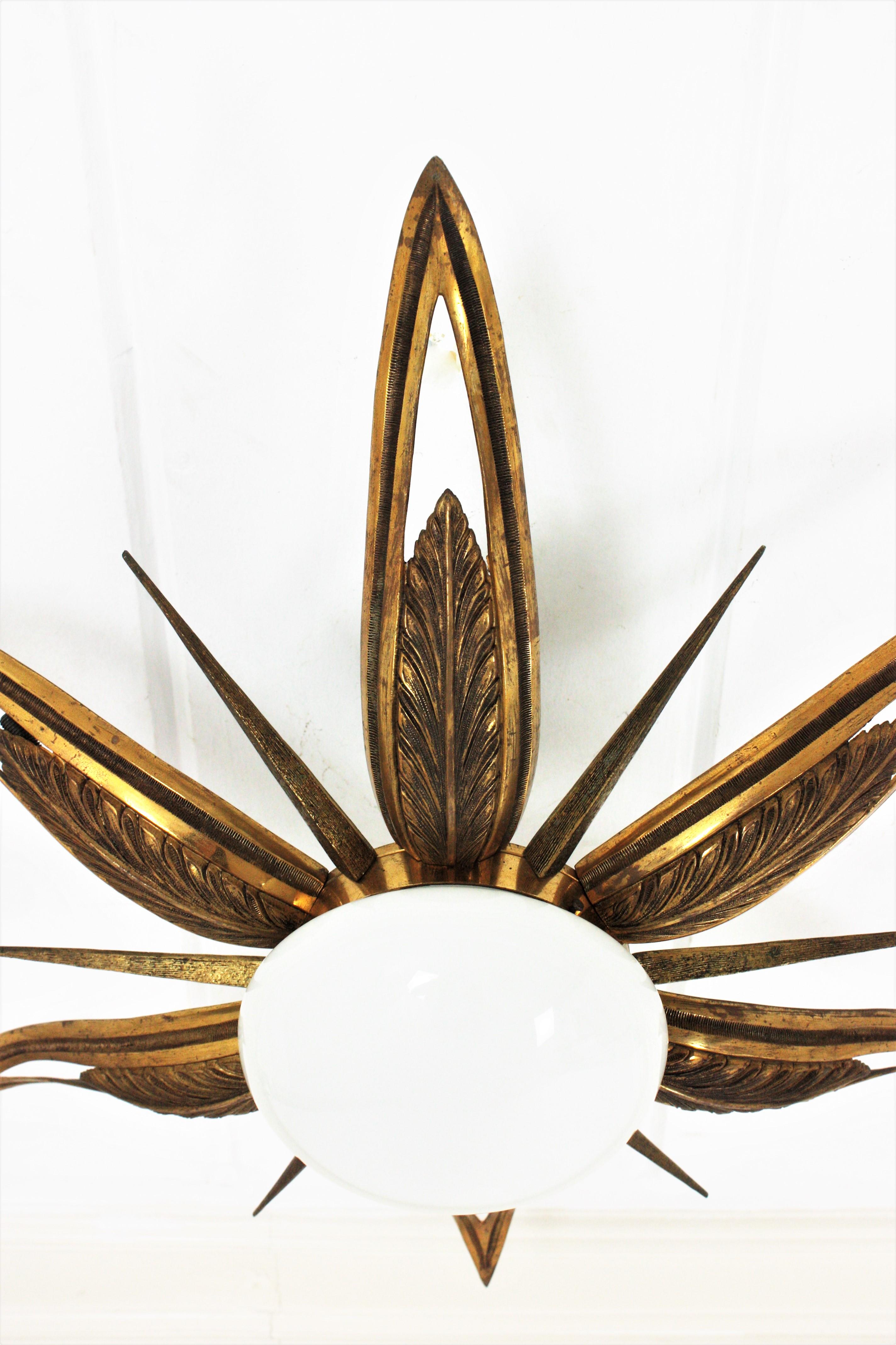 French Art Deco Bronze and Milk Glass Starburst Sunburst Flush Mount For Sale 2