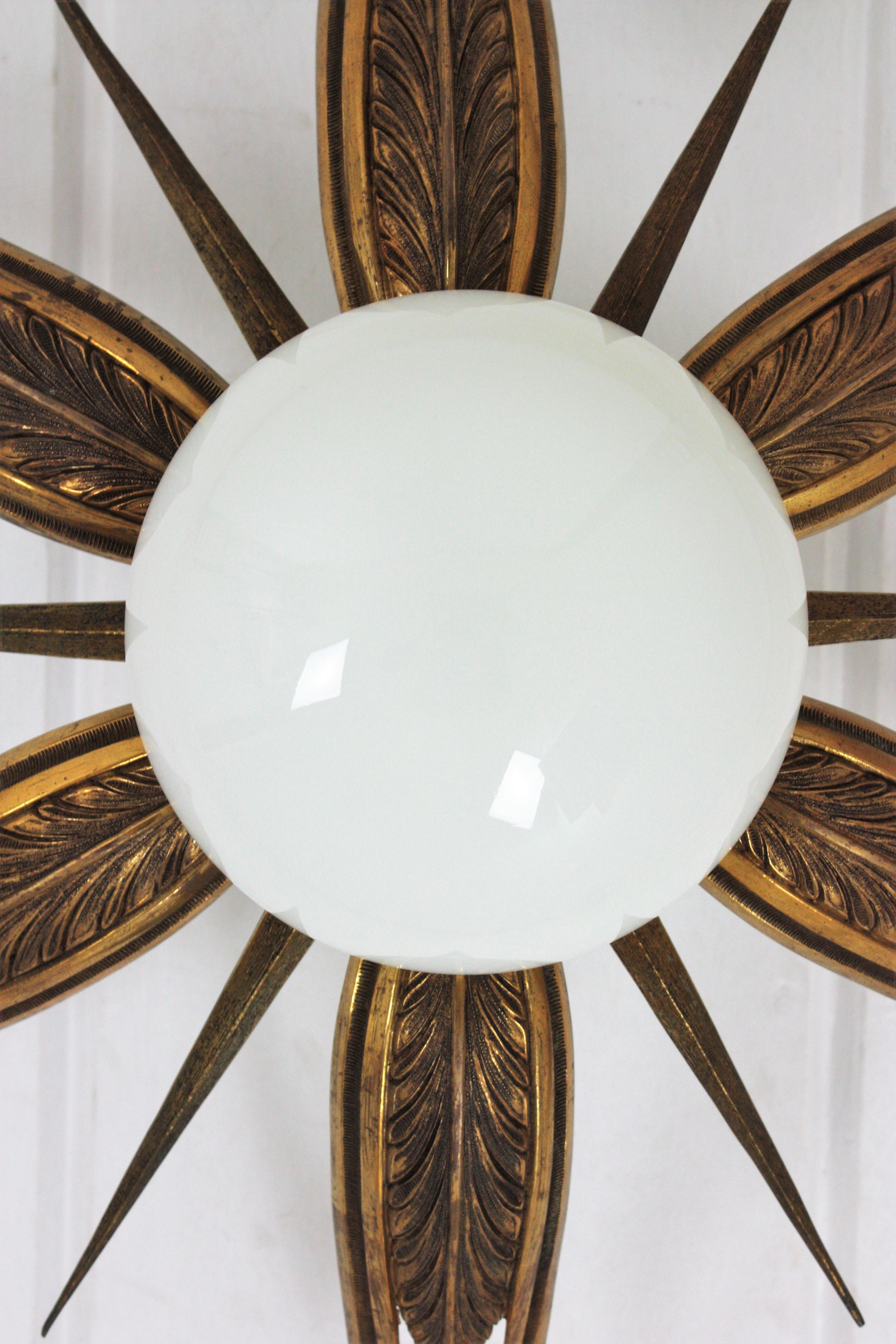 French Art Deco Bronze and Milk Glass Starburst Sunburst Flush Mount For Sale 4