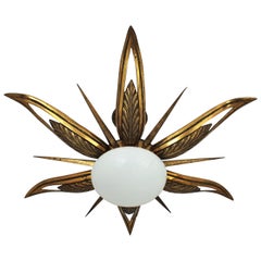 Antique French Art Deco Bronze and Milk Glass Starburst Sunburst Flush Mount