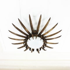French Art Deco Bronze and Milk Glass Sunburst Flower Flush Mount