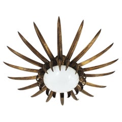 French Art Deco Bronze and Milk Glass Sunburst Flower Flush Mount