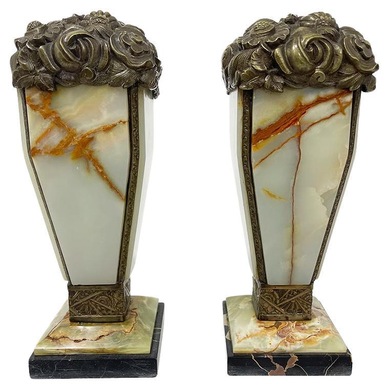 French Art Deco bronze and Onyx mantelpieces, ca. 1920 For Sale