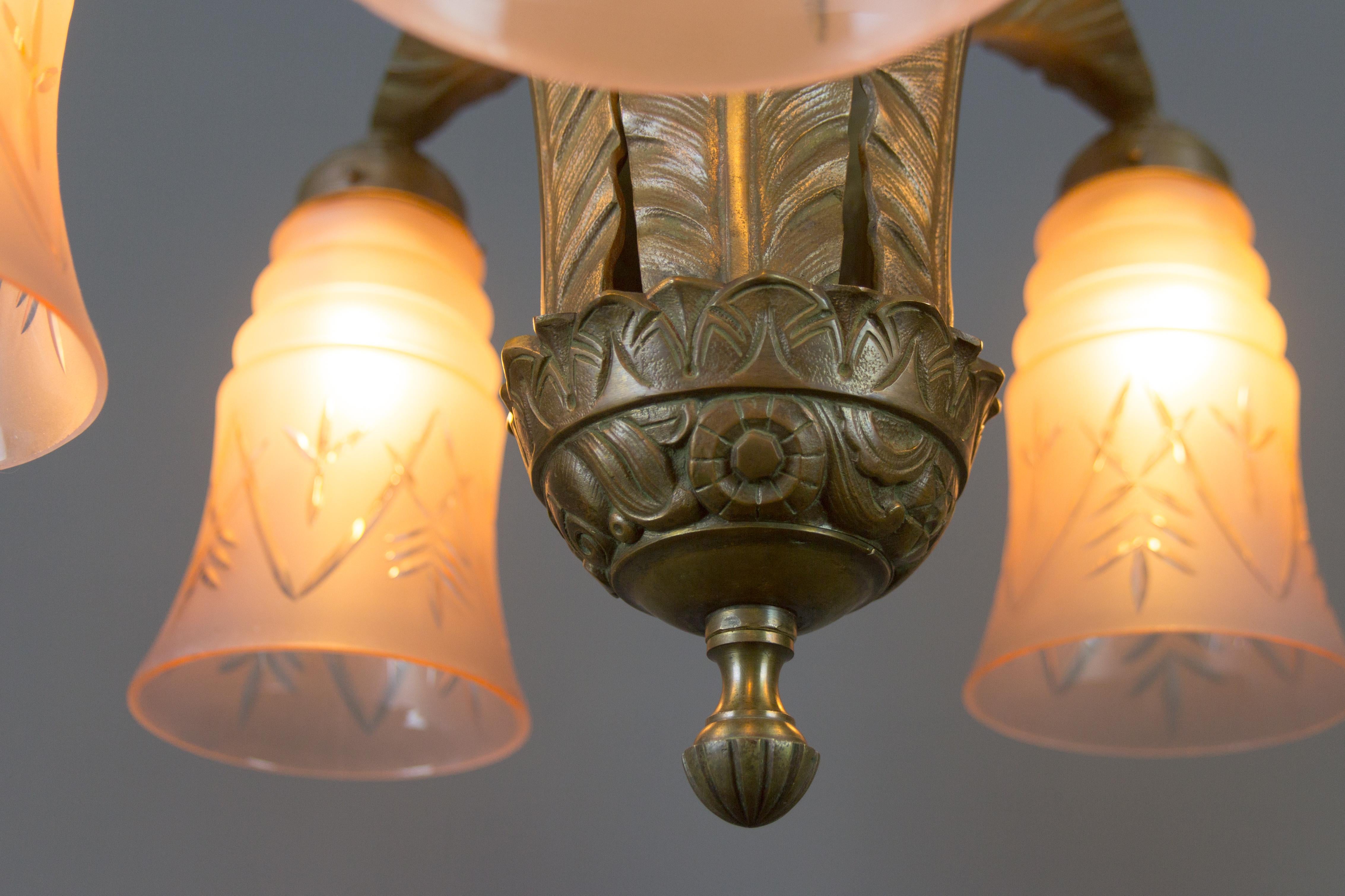 French Art Deco Bronze and Pink Frosted Glass Five-Light Chandelier, 1930s 7