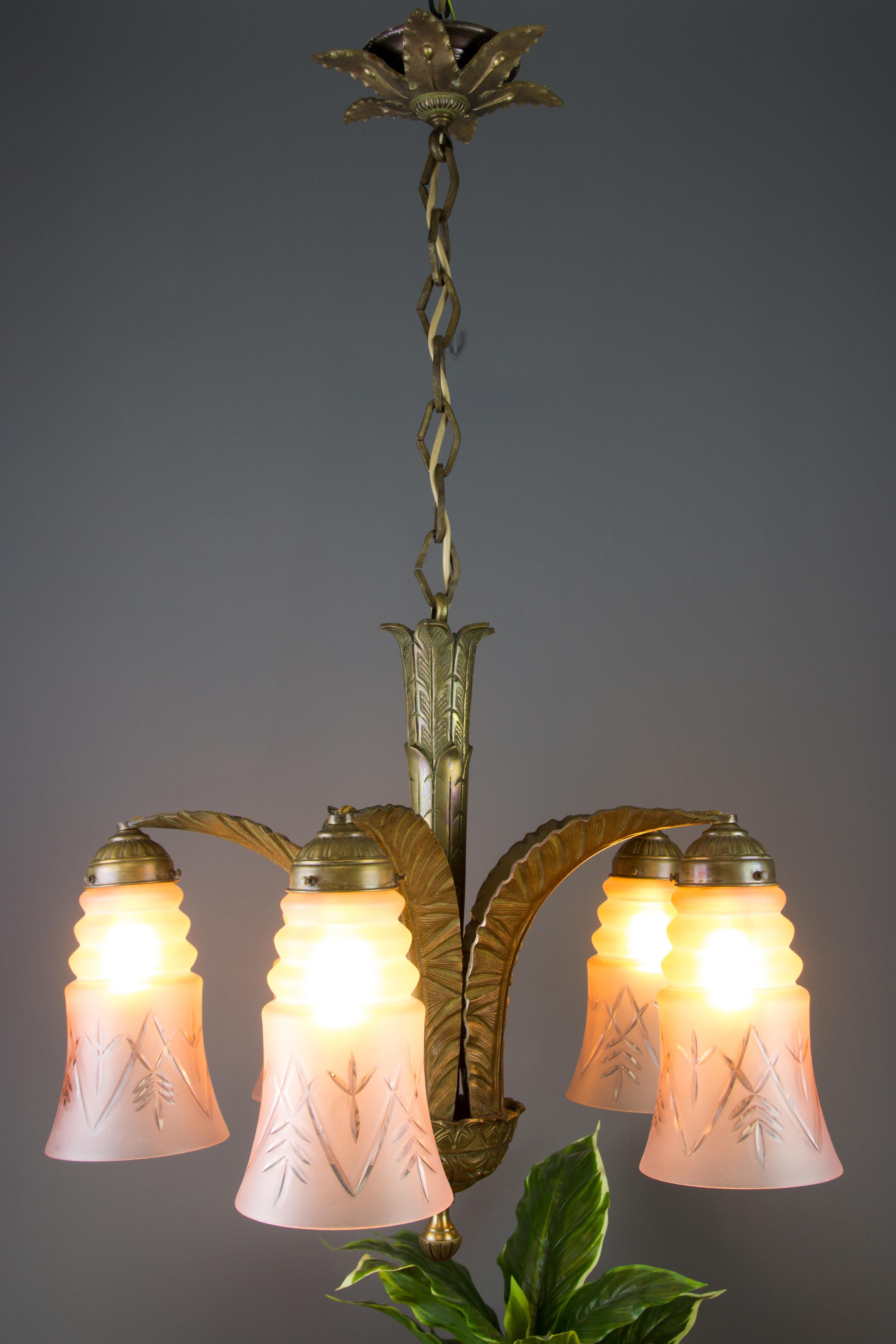 French Art Deco Bronze and Pink Frosted Glass Five-Light Chandelier, 1930s 9