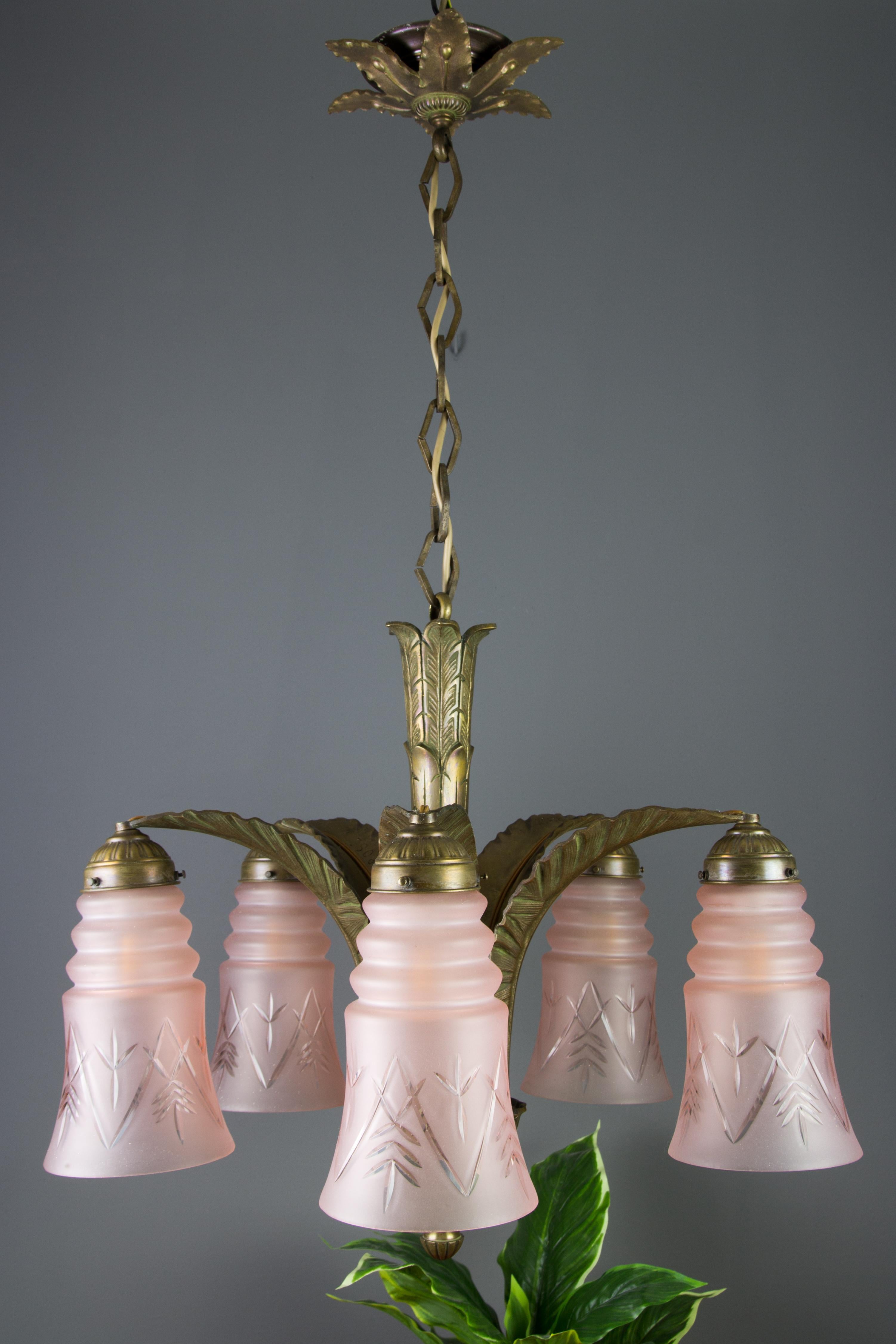 French Art Deco Bronze and Pink Frosted Glass Five-Light Chandelier, 1930s 10