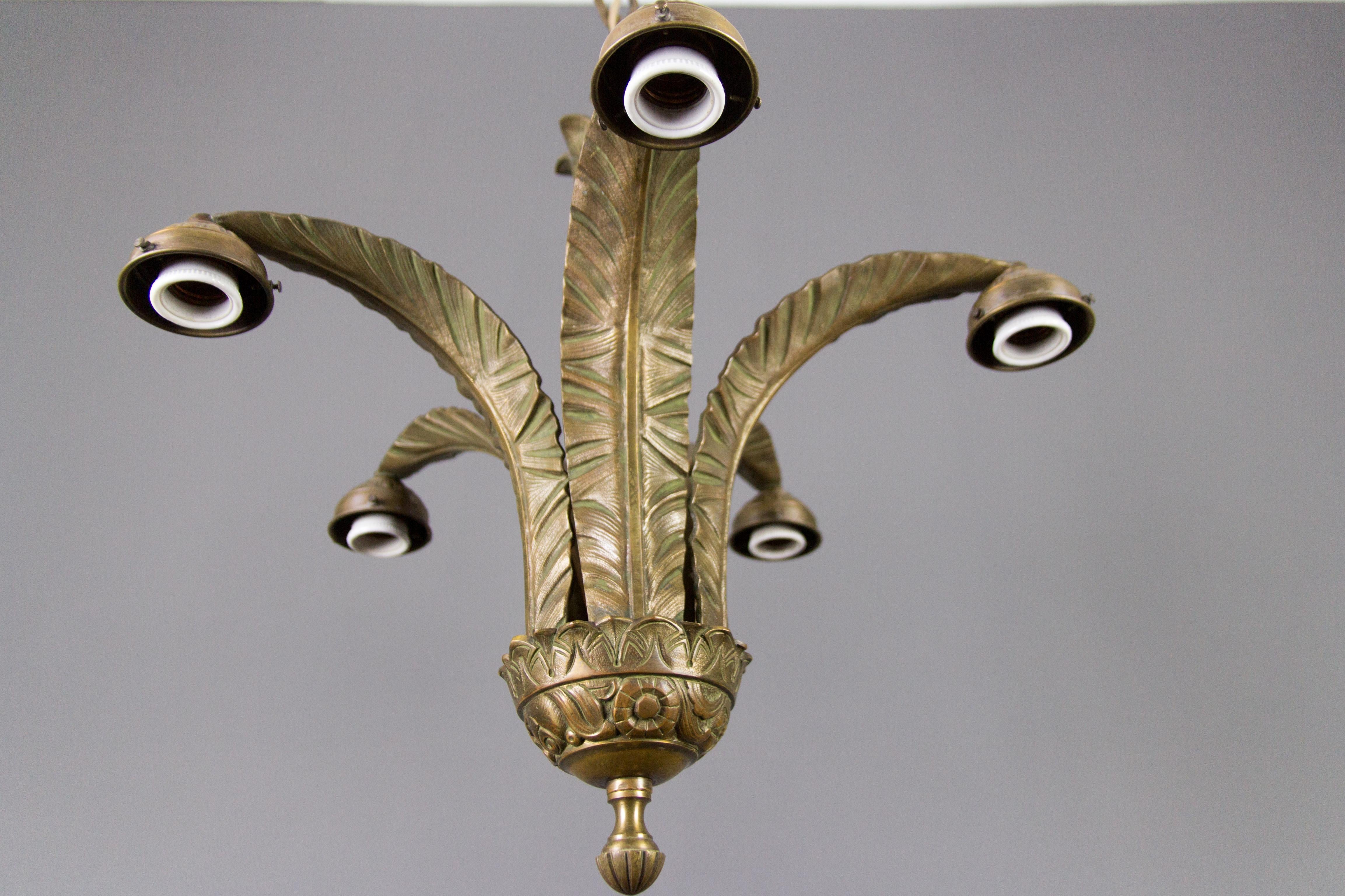 French Art Deco Bronze and Pink Frosted Glass Five-Light Chandelier, 1930s 11