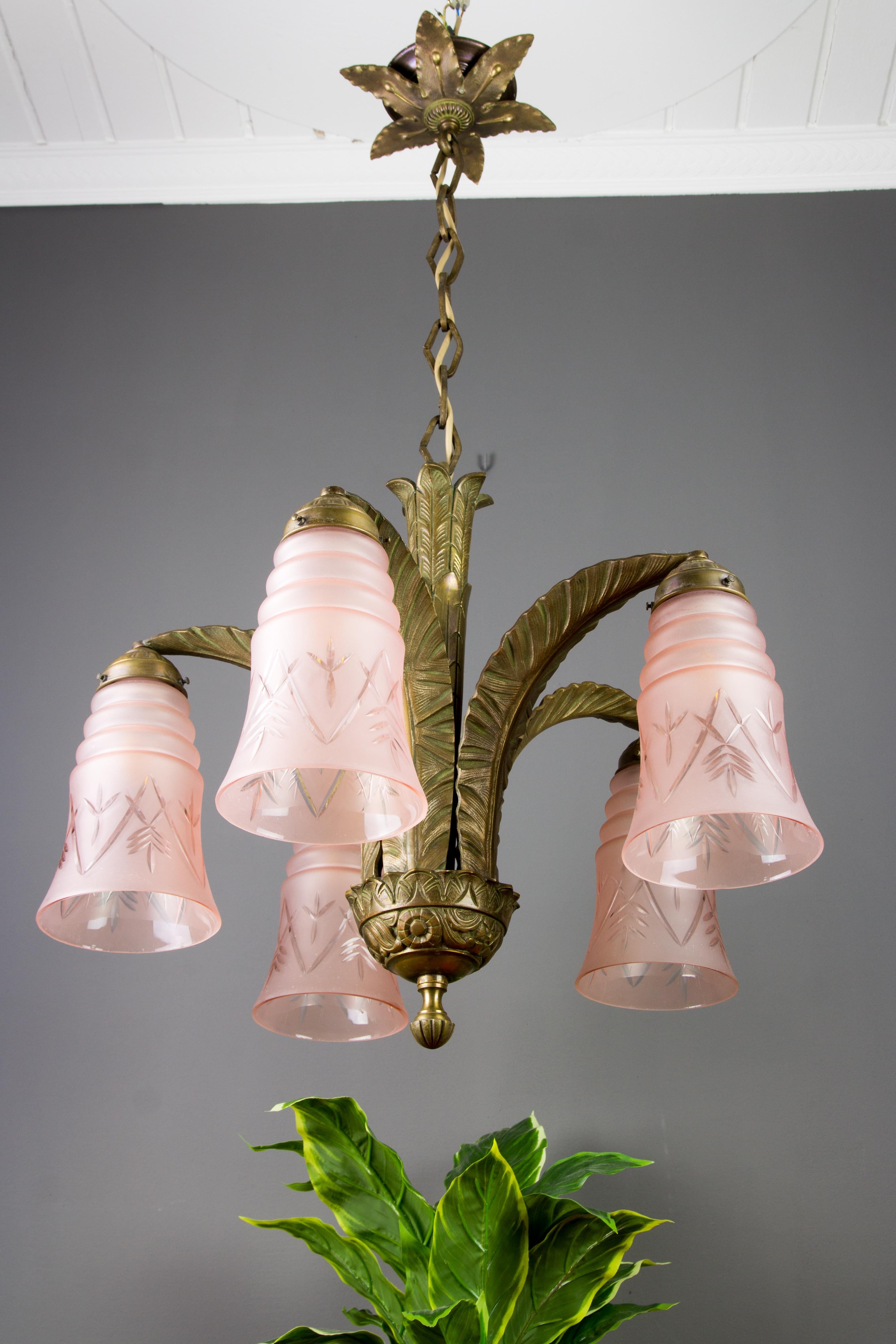 French Art Deco Bronze and Pink Frosted Glass Five-Light Chandelier, 1930s 15
