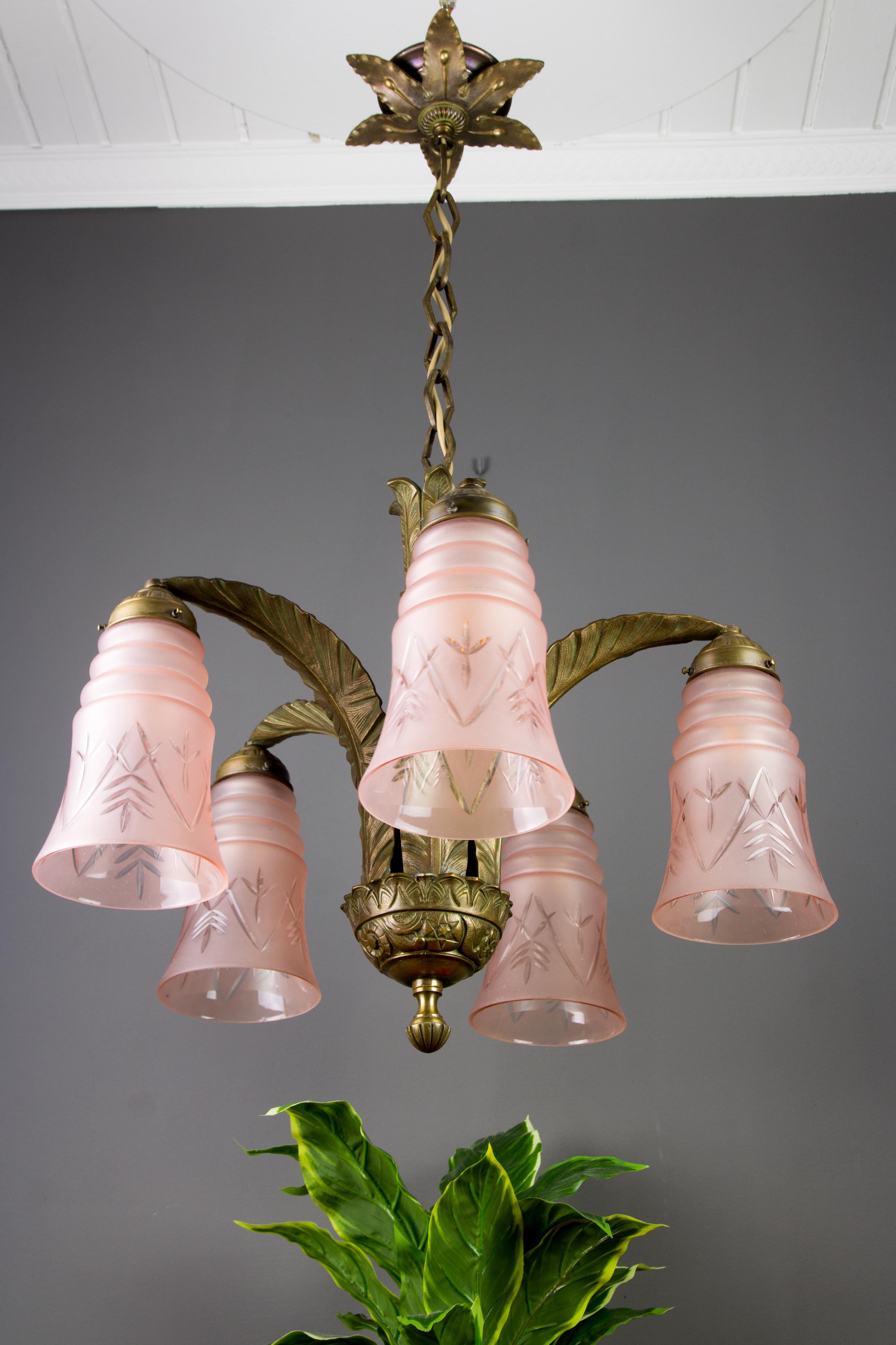 French Art Deco Bronze and Pink Frosted Glass Five-Light Chandelier, 1930s 16
