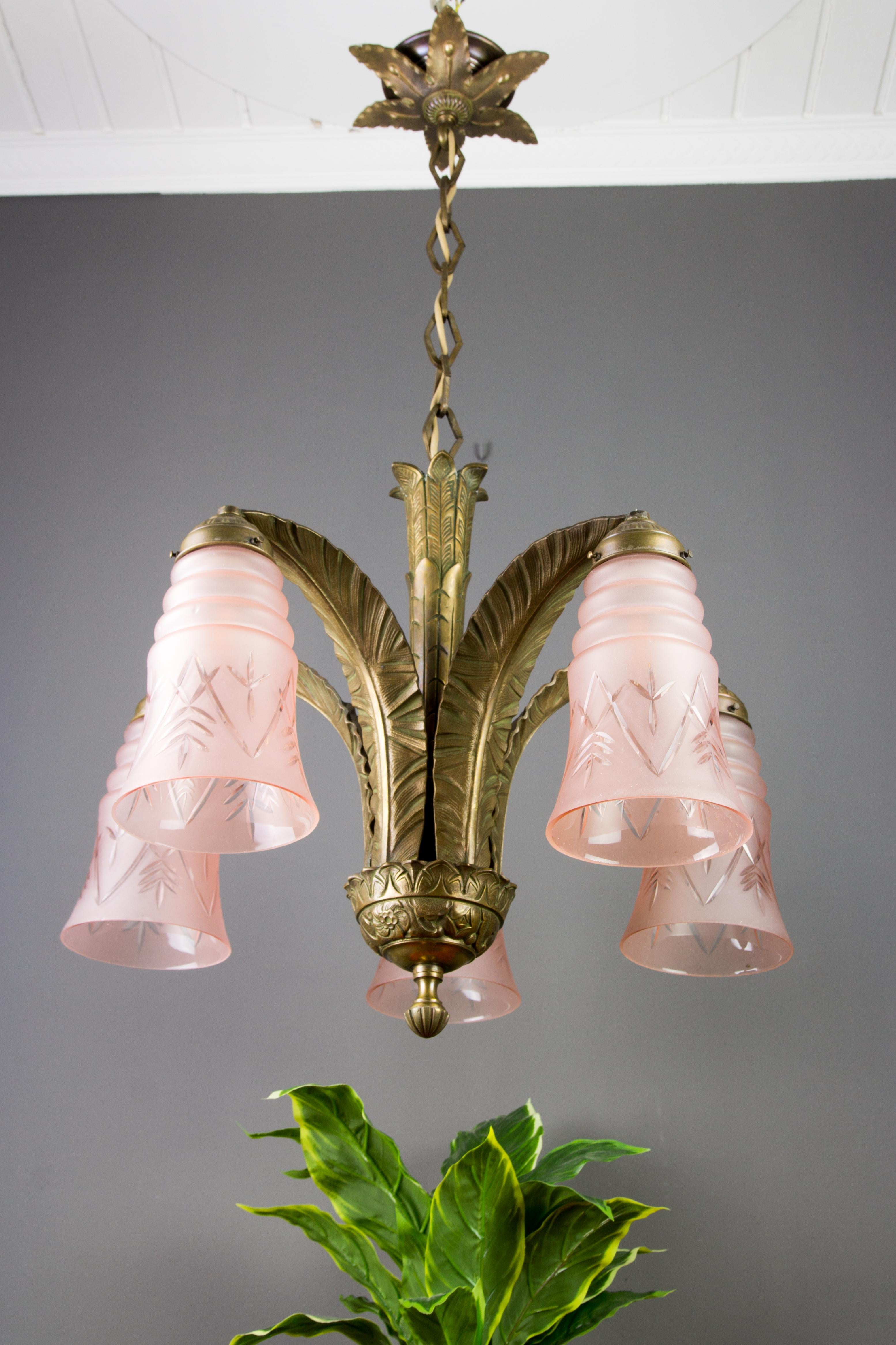 French Art Deco Bronze and Pink Frosted Glass Five-Light Chandelier, 1930s 1