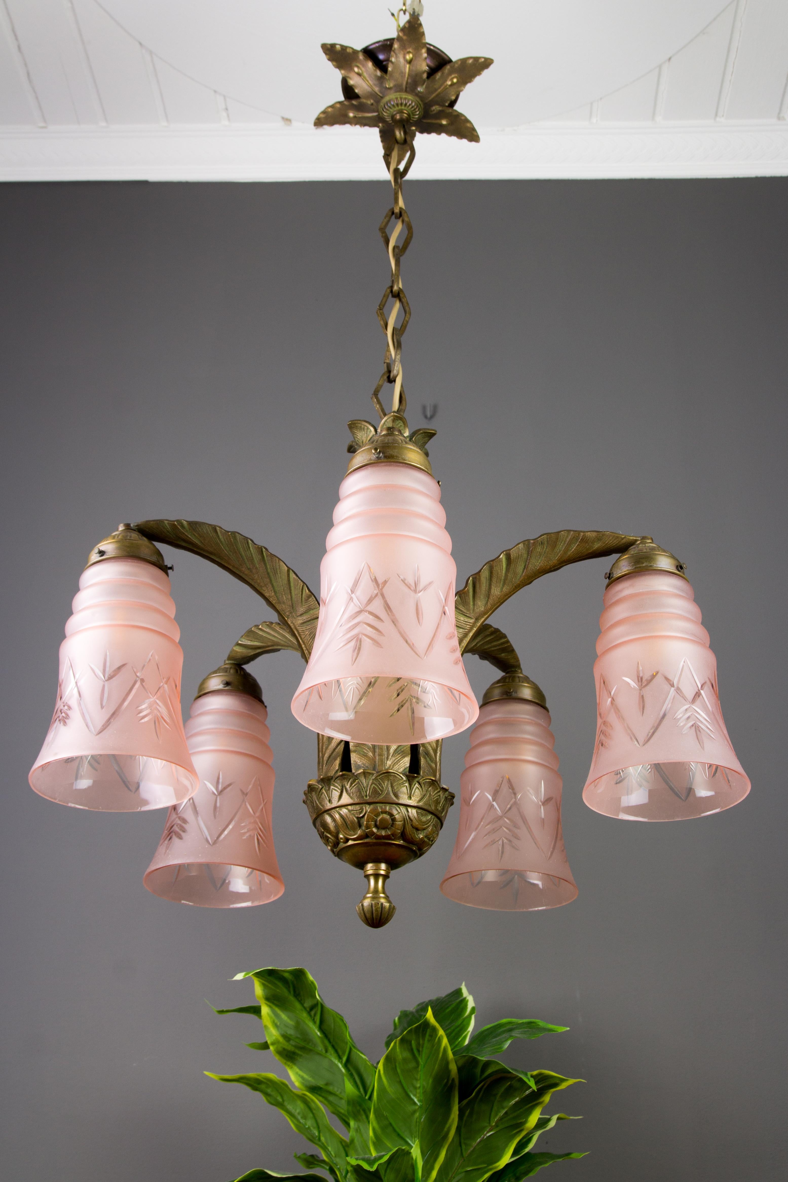 French Art Deco Bronze and Pink Frosted Glass Five-Light Chandelier, 1930s 2