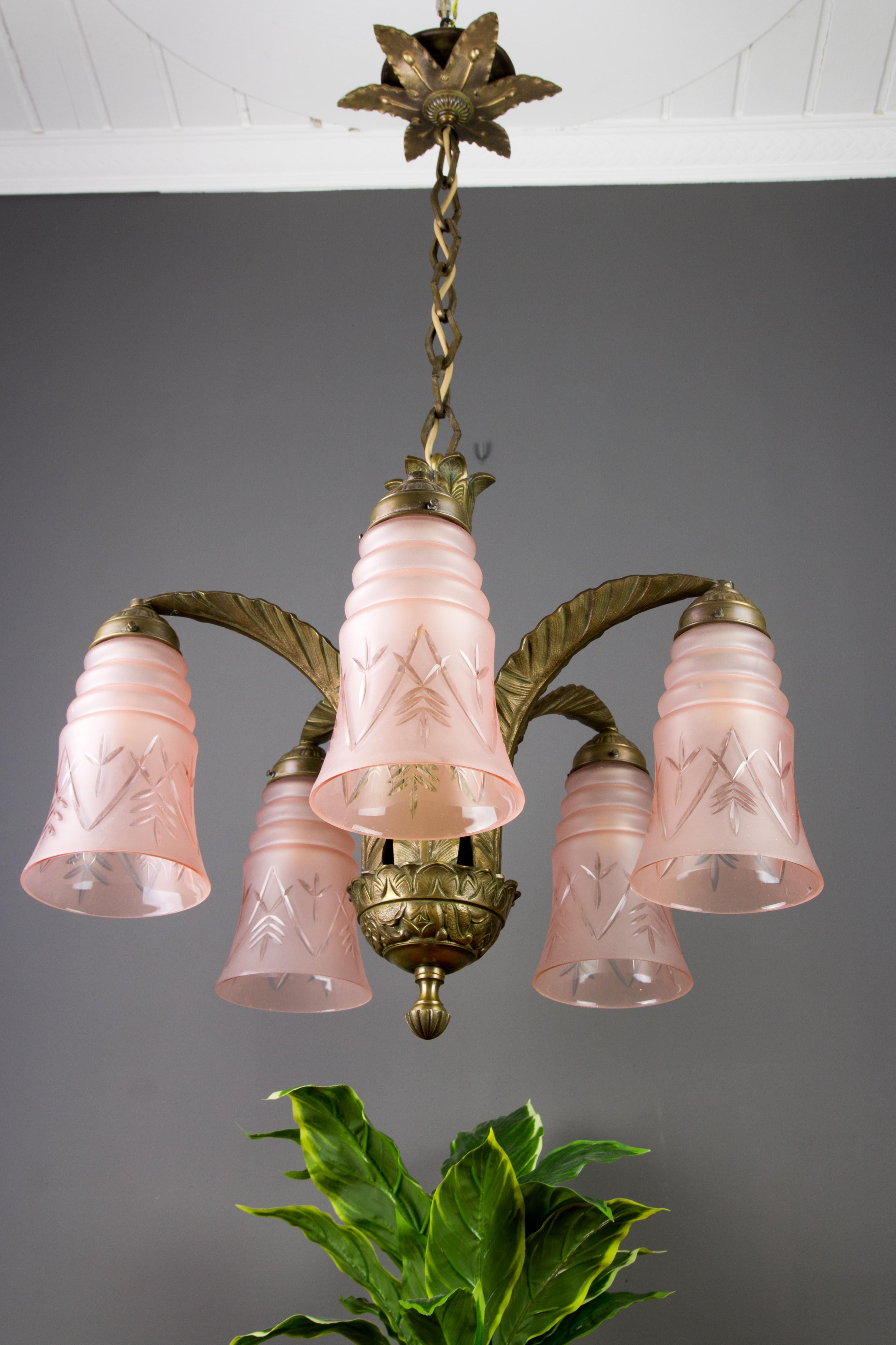 French Art Deco Bronze and Pink Frosted Glass Five-Light Chandelier, 1930s 3
