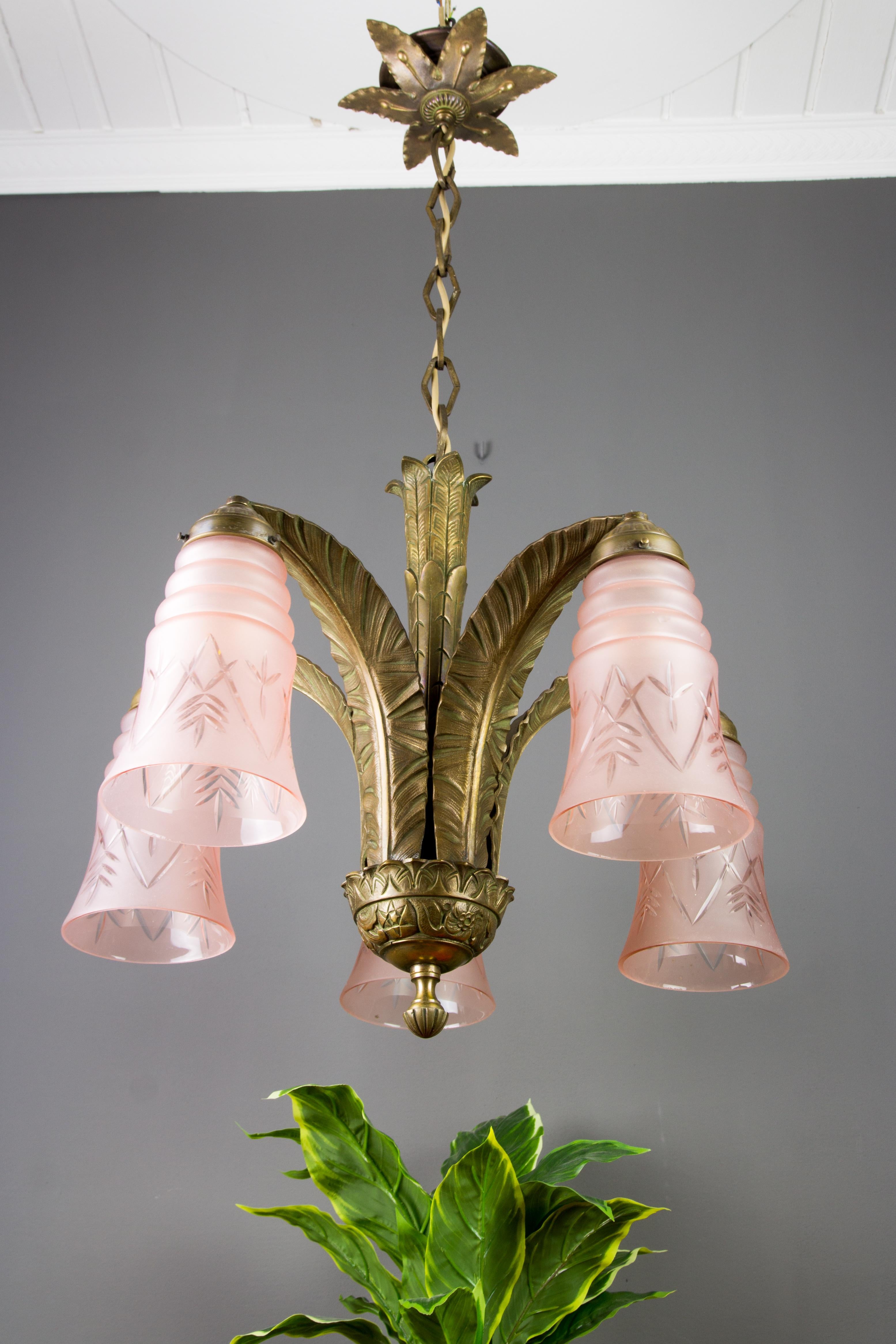 French Art Deco Bronze and Pink Frosted Glass Five-Light Chandelier, 1930s 4