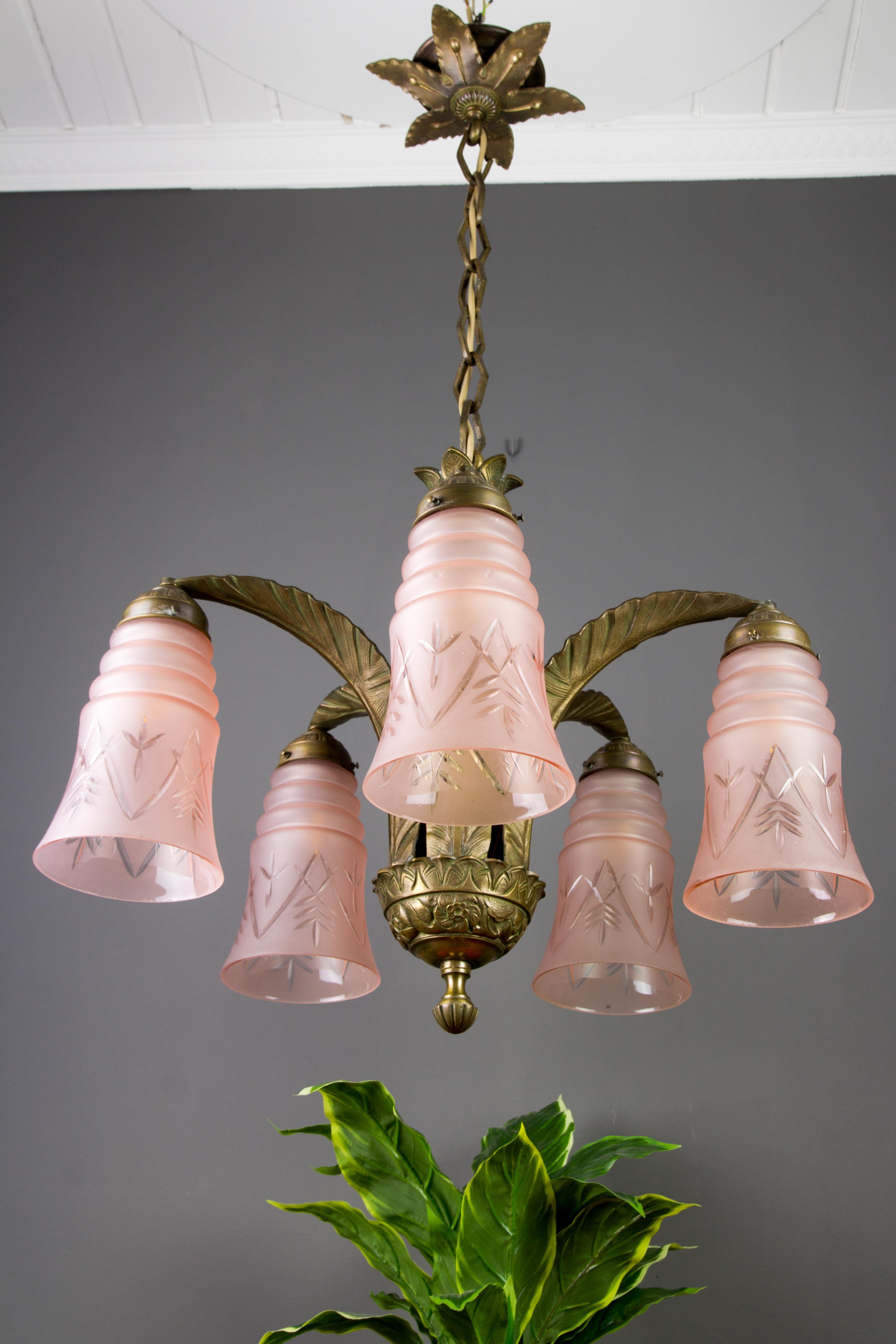 French Art Deco Bronze and Pink Frosted Glass Five-Light Chandelier, 1930s 5