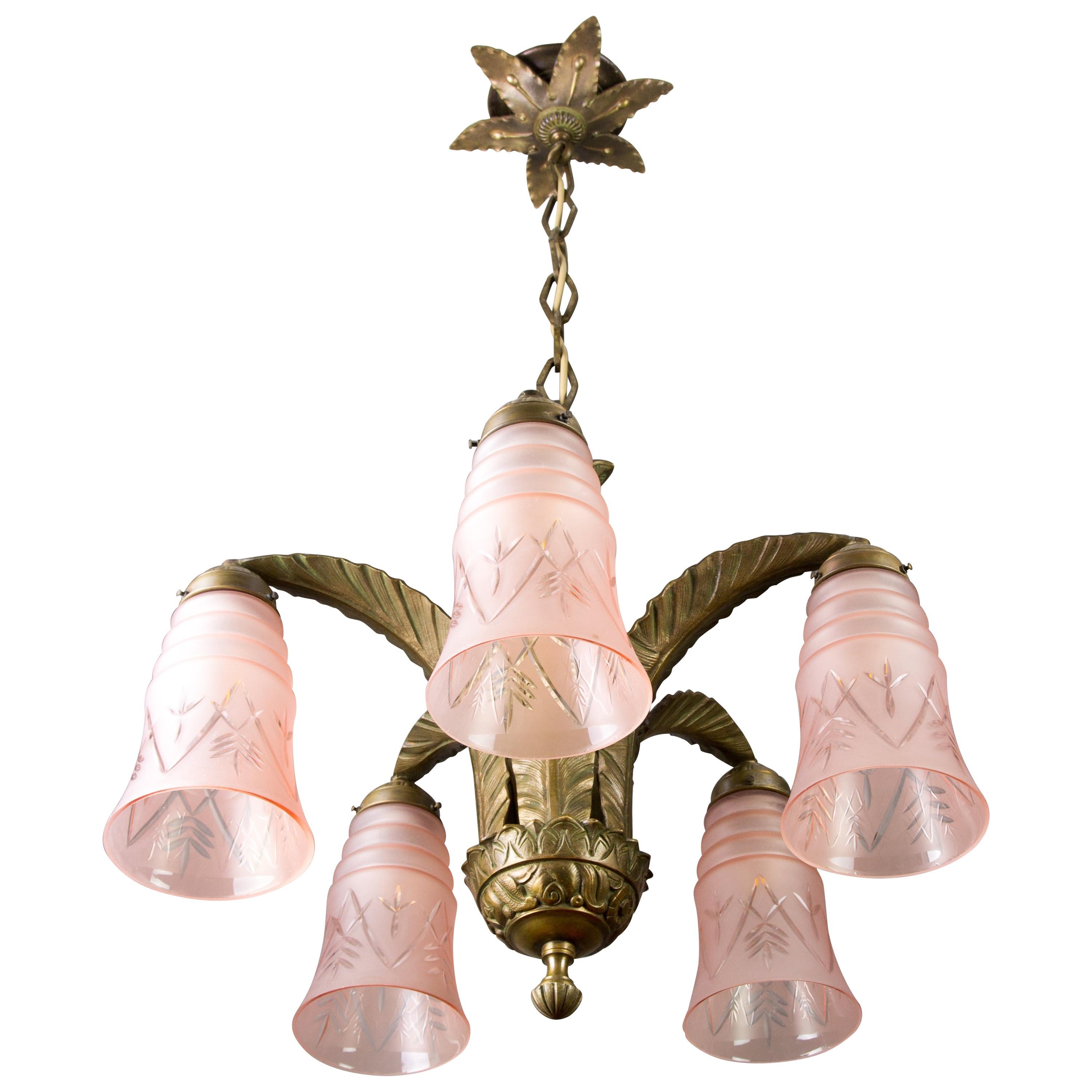 French Art Deco Bronze and Pink Frosted Glass Five-Light Chandelier, 1930s