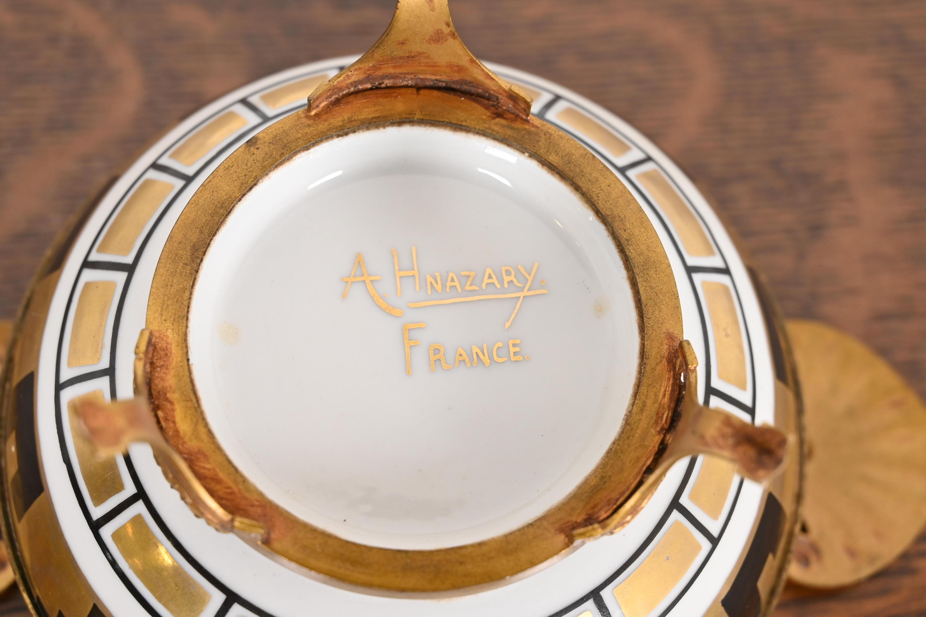 French Art Deco Bronze and Porcelain Footed Bowl or Compote Dish by A. Hnazary For Sale 6