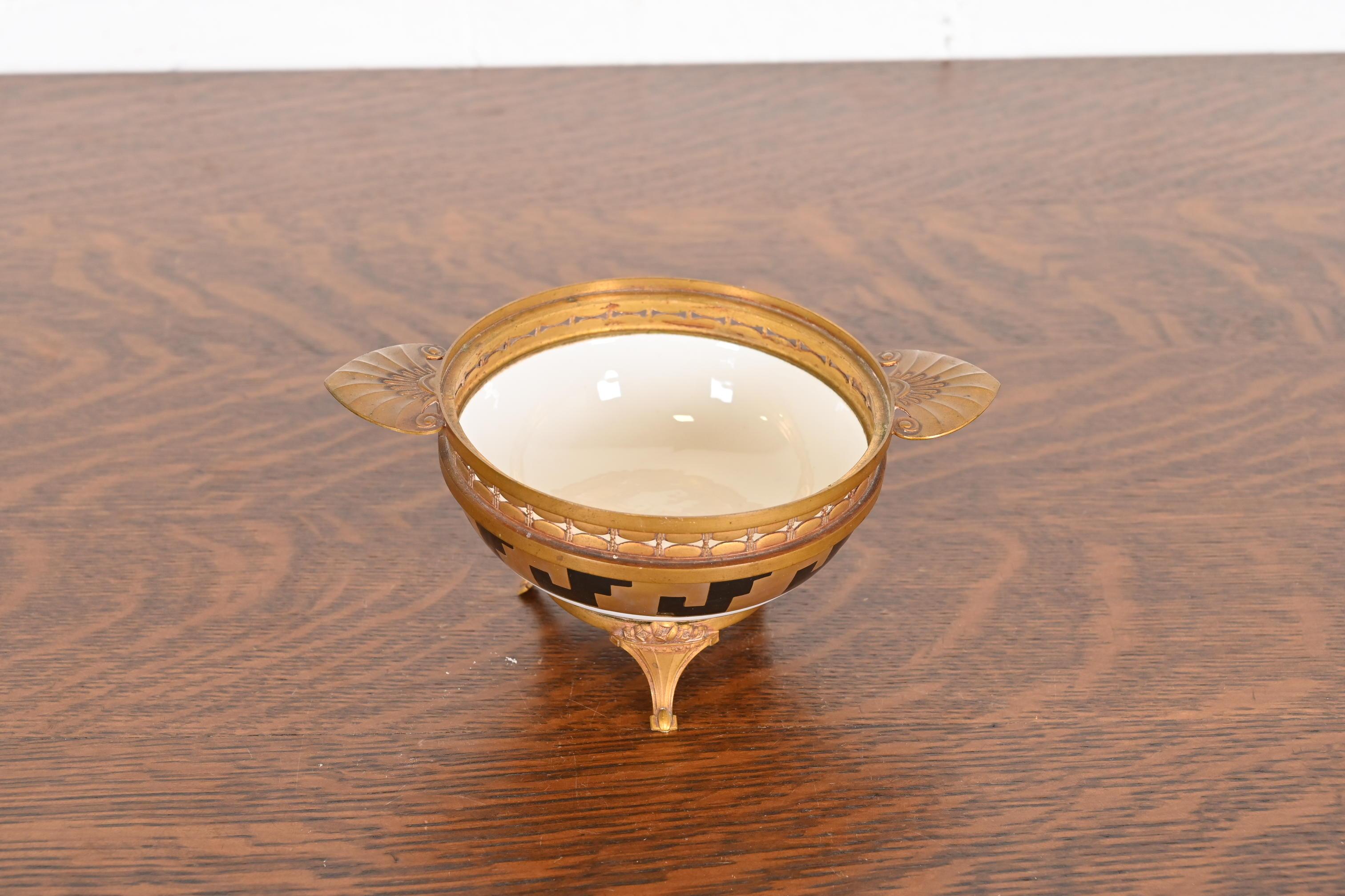 French Art Deco Bronze and Porcelain Footed Bowl or Compote Dish by A. Hnazary In Good Condition For Sale In South Bend, IN