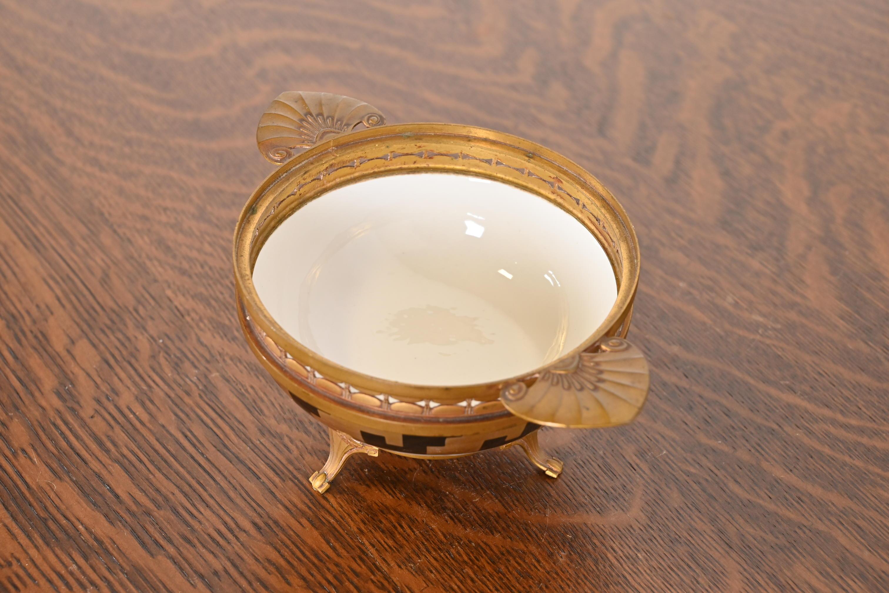 Early 20th Century French Art Deco Bronze and Porcelain Footed Bowl or Compote Dish by A. Hnazary For Sale
