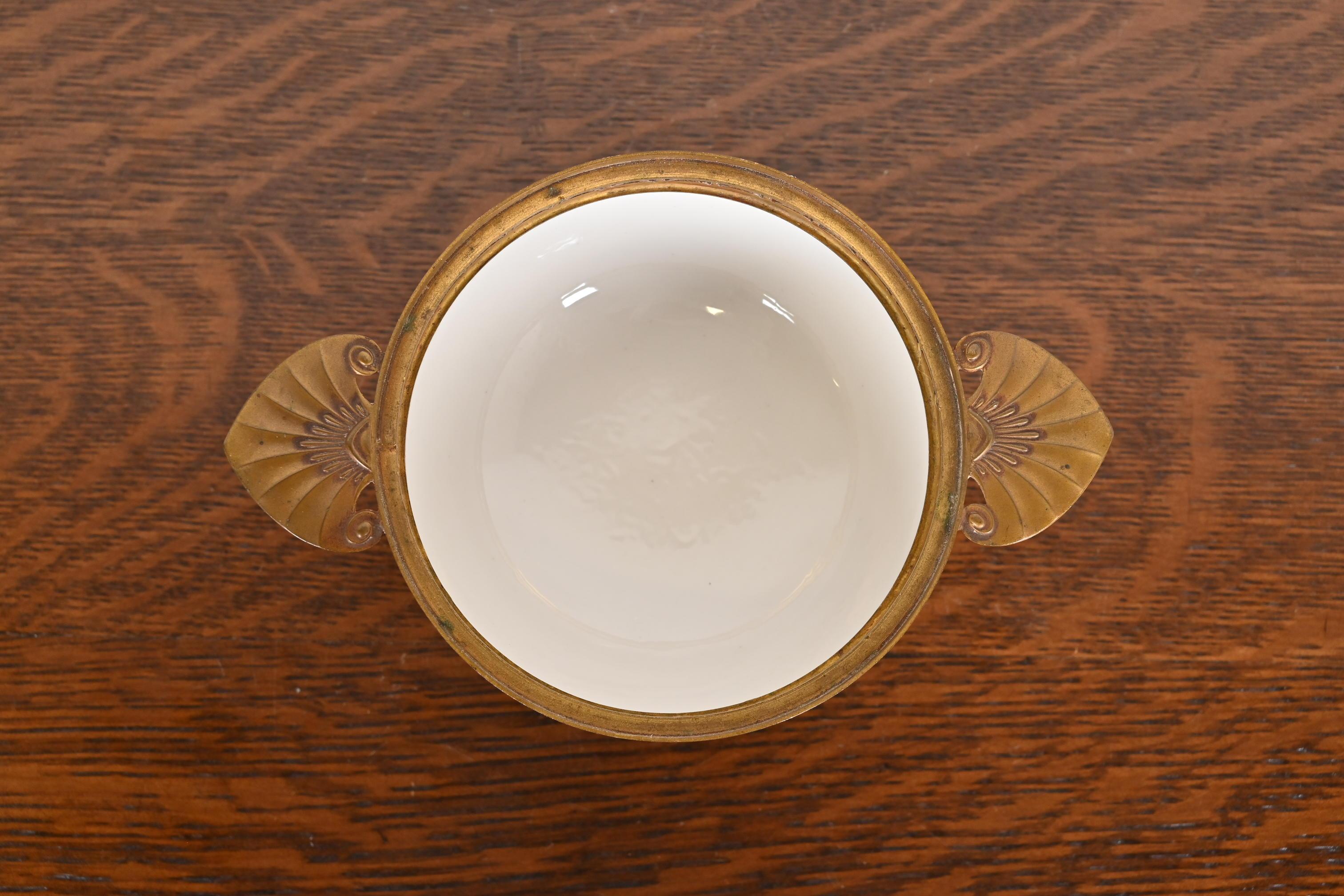 French Art Deco Bronze and Porcelain Footed Bowl or Compote Dish by A. Hnazary For Sale 1