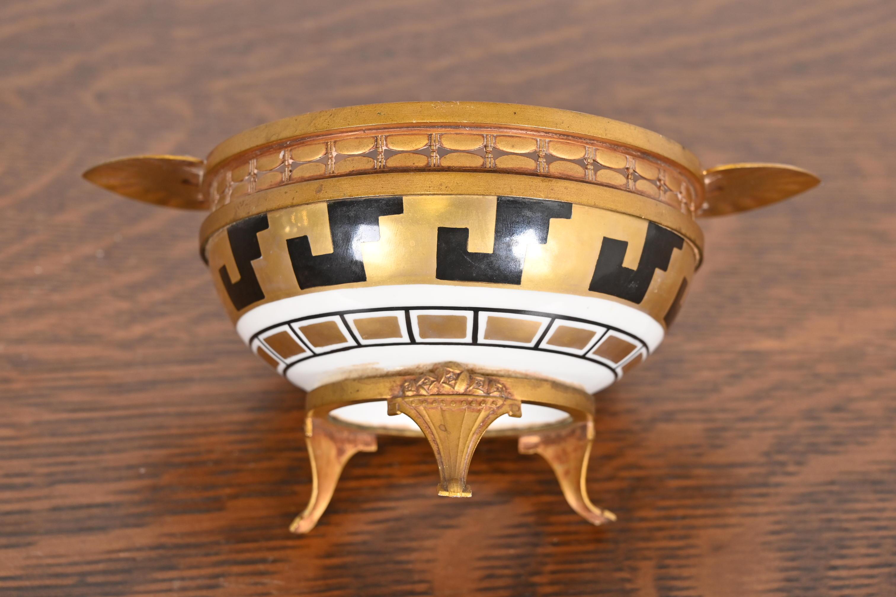 French Art Deco Bronze and Porcelain Footed Bowl or Compote Dish by A. Hnazary For Sale 4