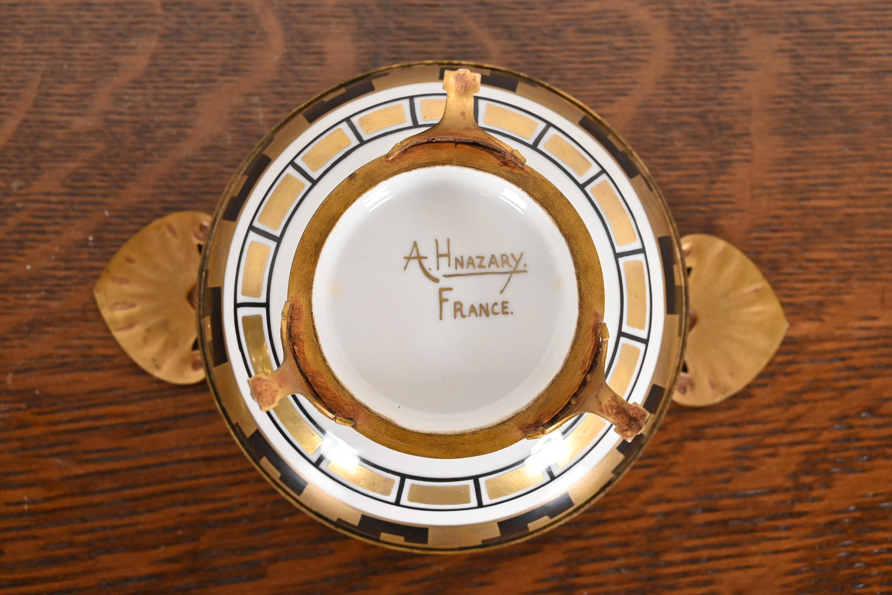French Art Deco Bronze and Porcelain Footed Bowl or Compote Dish by A. Hnazary For Sale 5
