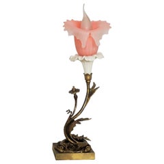 French Art Deco Bronze and Porcelain Table Lamp with Vaseline Glass Tulip, 1920s