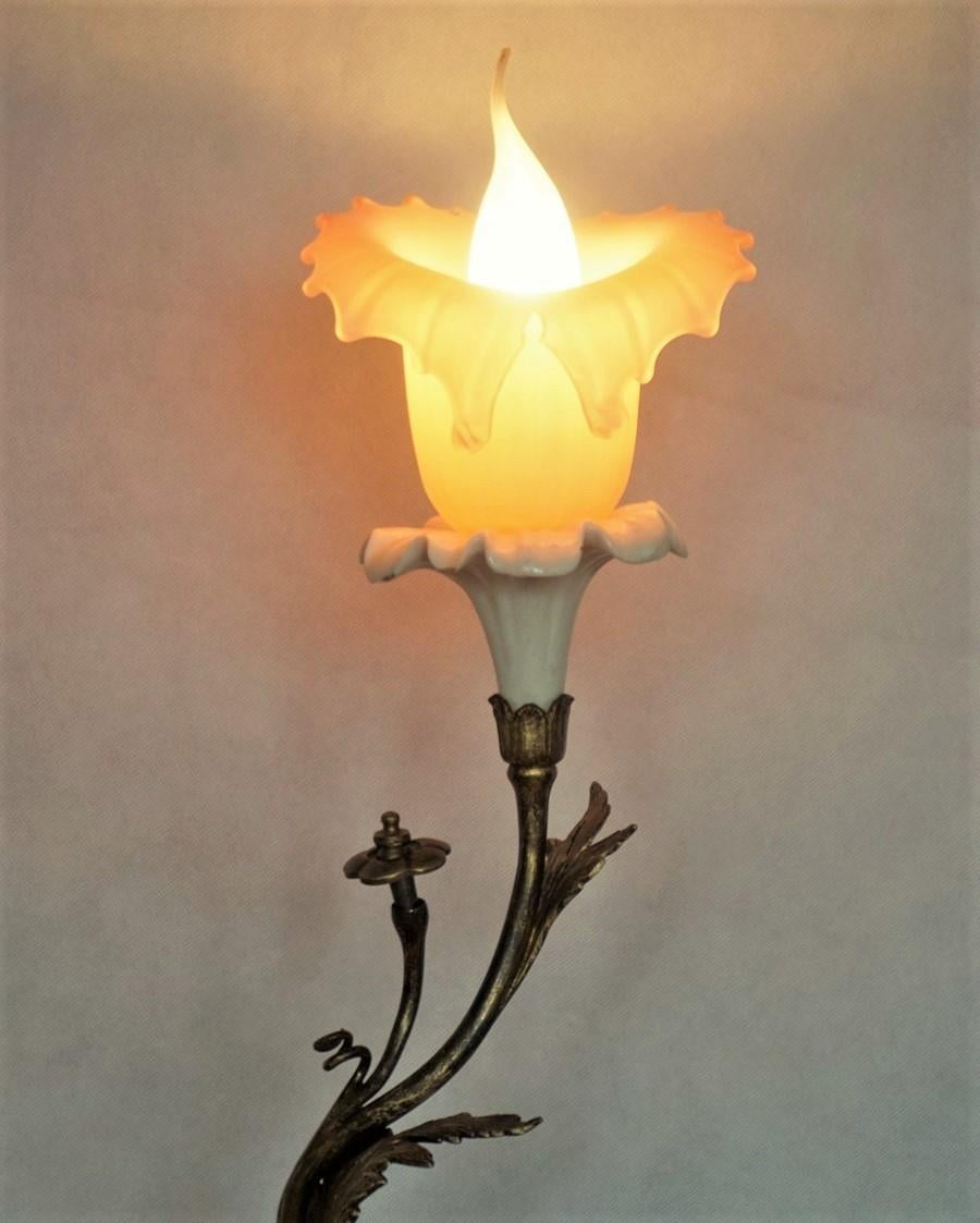 French Art Deco Bronze and Porcelain Table Lamp with Vaseline Glass Tulip, 1920s 1