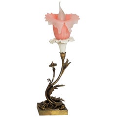 French Art Deco Bronze and Porcelain Table Lamp with Vaseline Glass Tulip, 1920s
