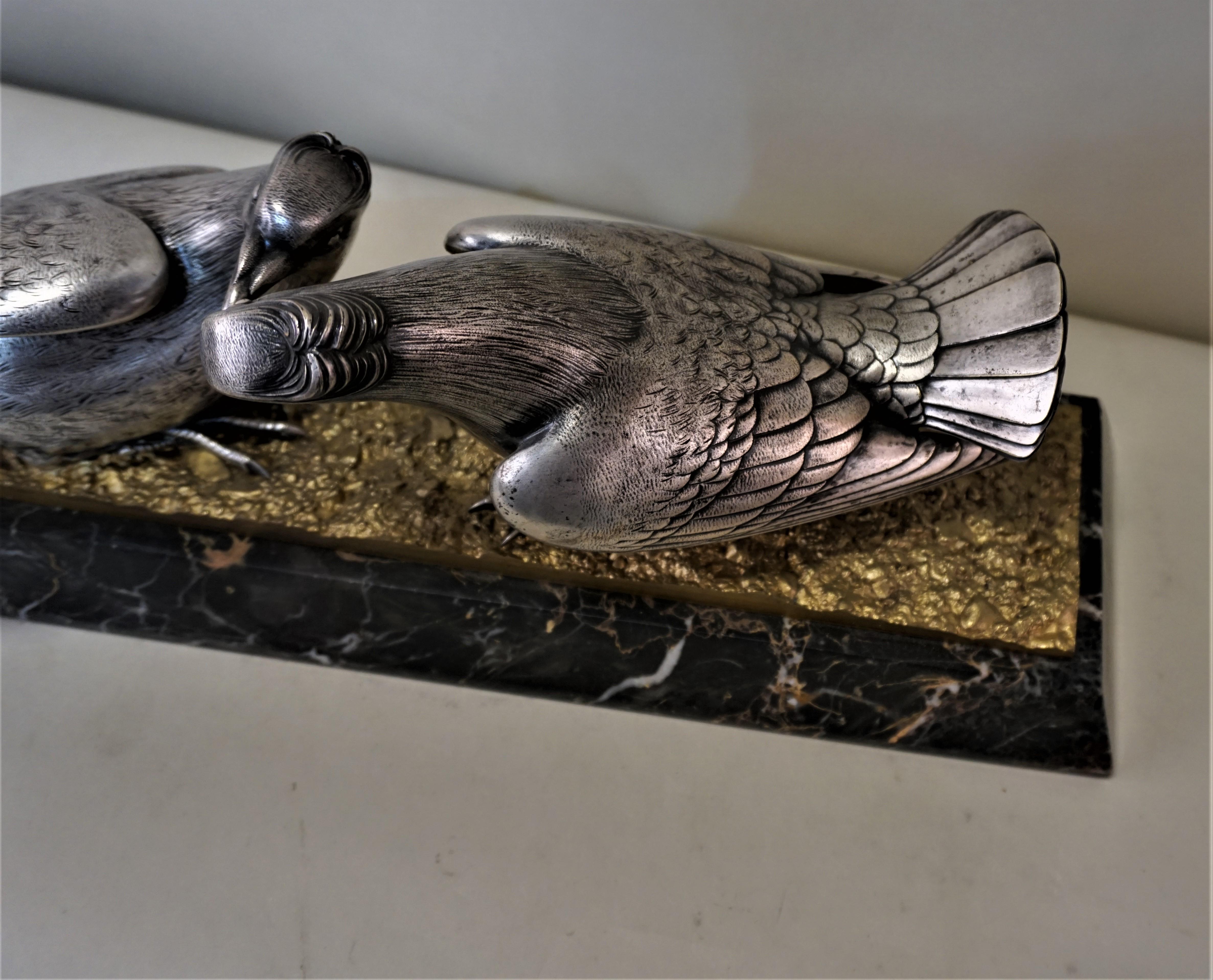 Early 20th Century French Art Deco Bronze and Silver Sculpture of Two Birds