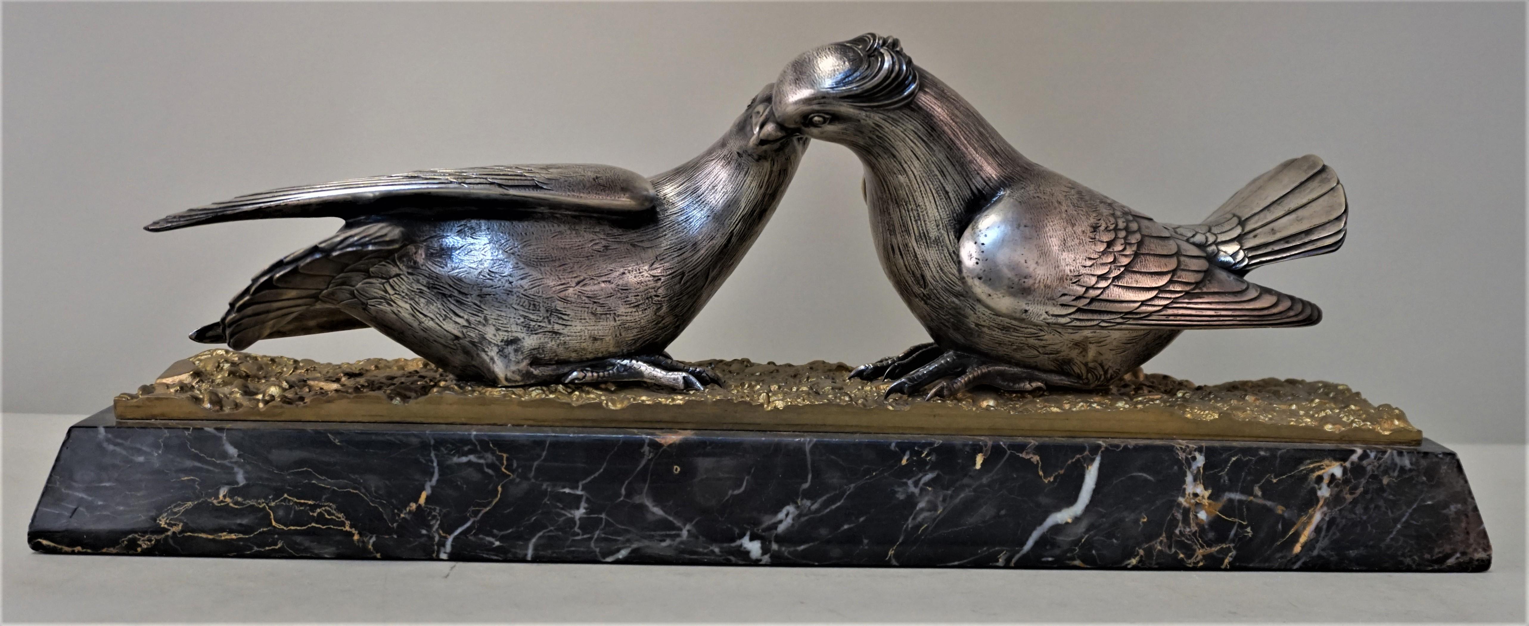 Silver Plate French Art Deco Bronze and Silver Sculpture of Two Birds