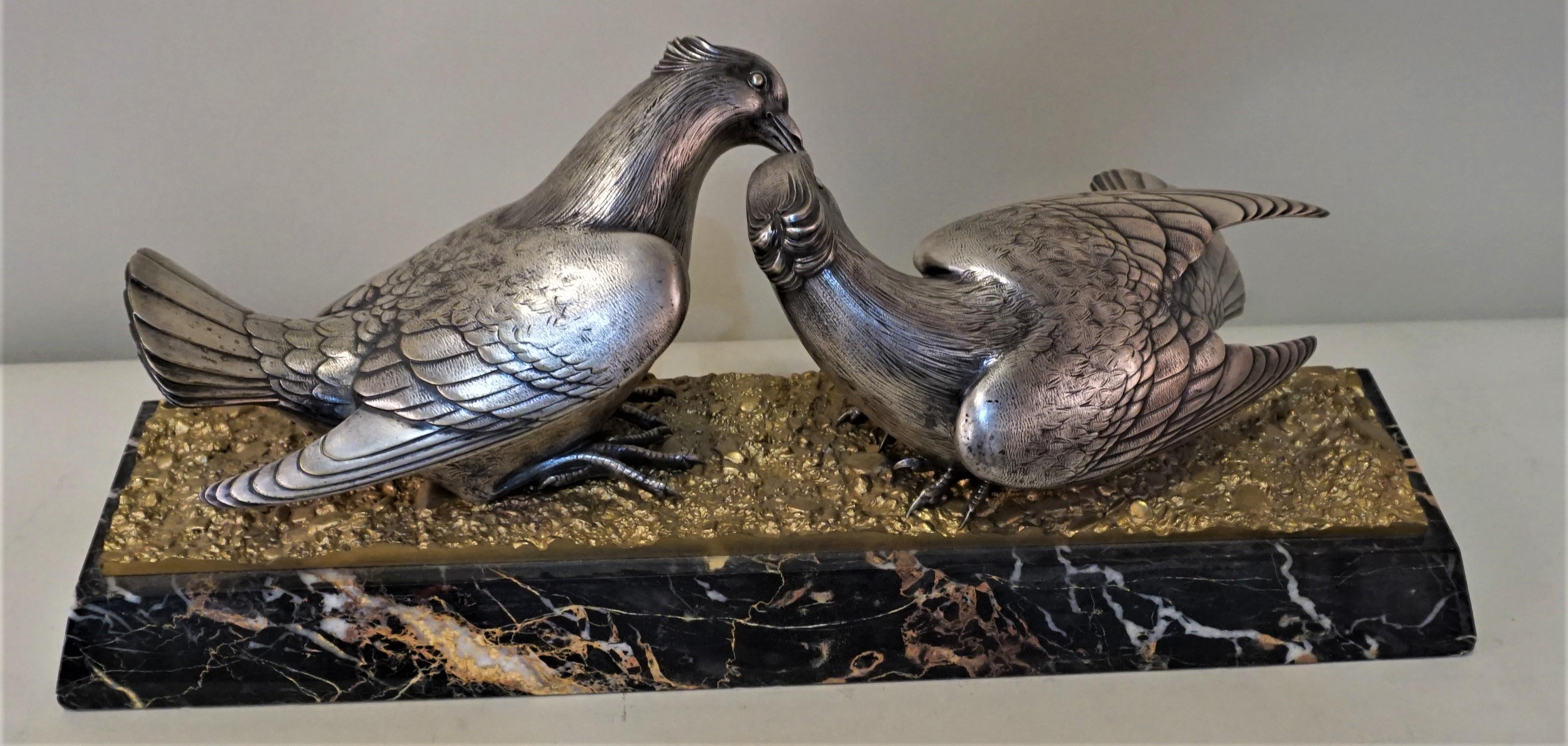 French Art Deco Bronze and Silver Sculpture of Two Birds 3