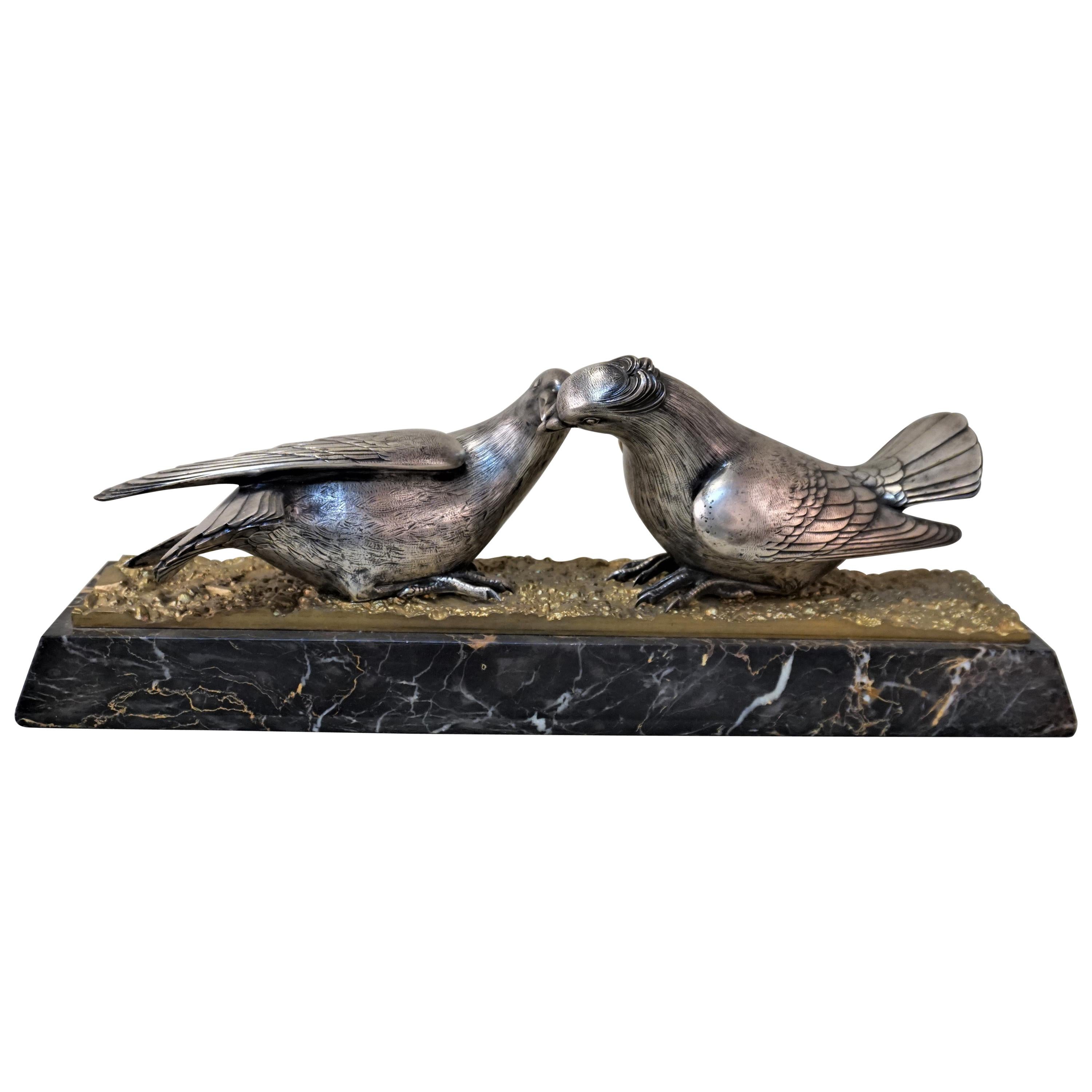 French Art Deco Bronze and Silver Sculpture of Two Birds