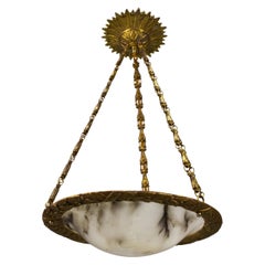 Antique French Art Deco Bronze and White Alabaster Pendant Light, ca. 1920